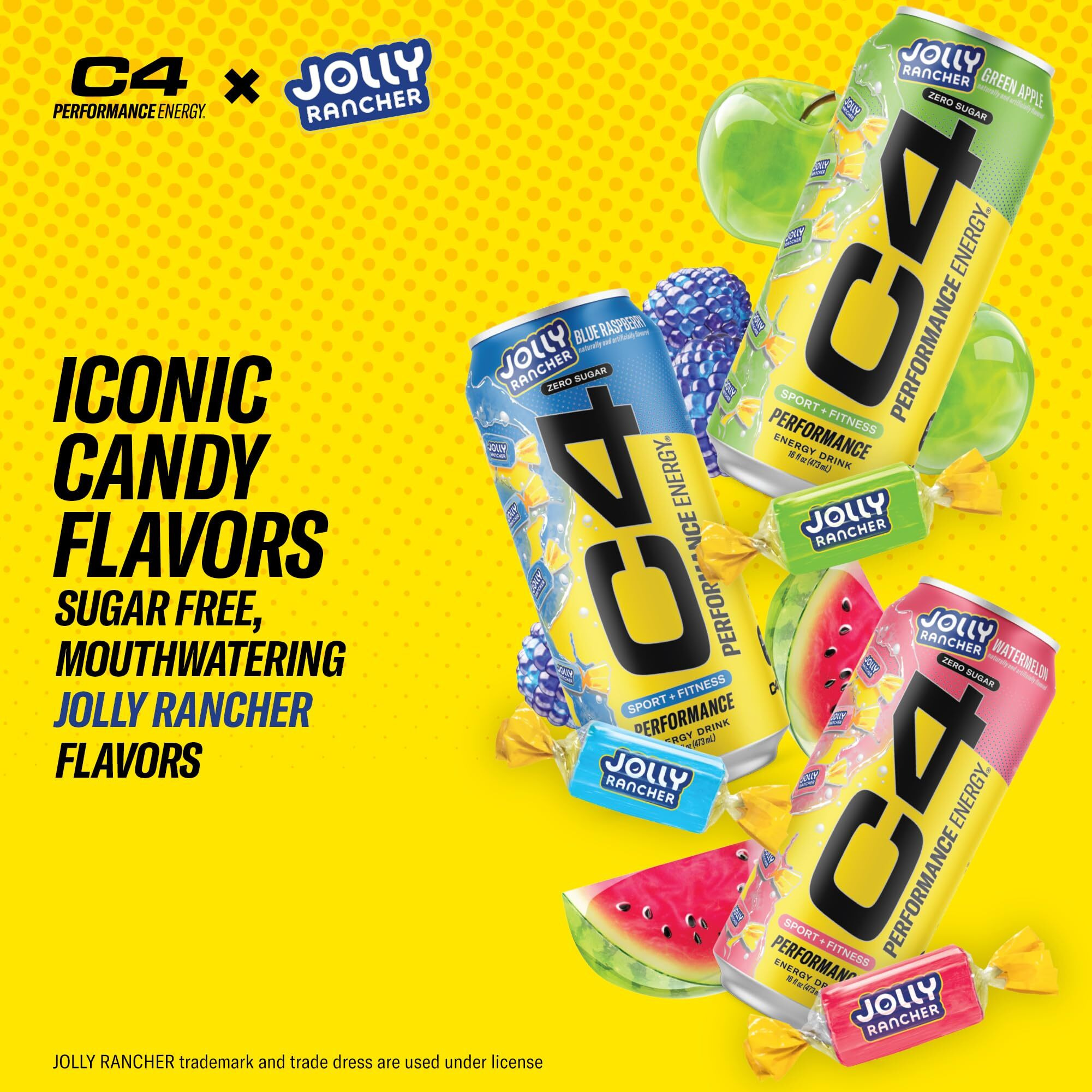 C4 Performance Energy Drink | Jolly Rancher Blue Raspberry | Zero Sugar Carbonated Preworkout Energy | 200Mg Caffeine With Beta Alanine | 16 Fl Oz (12 Pack)