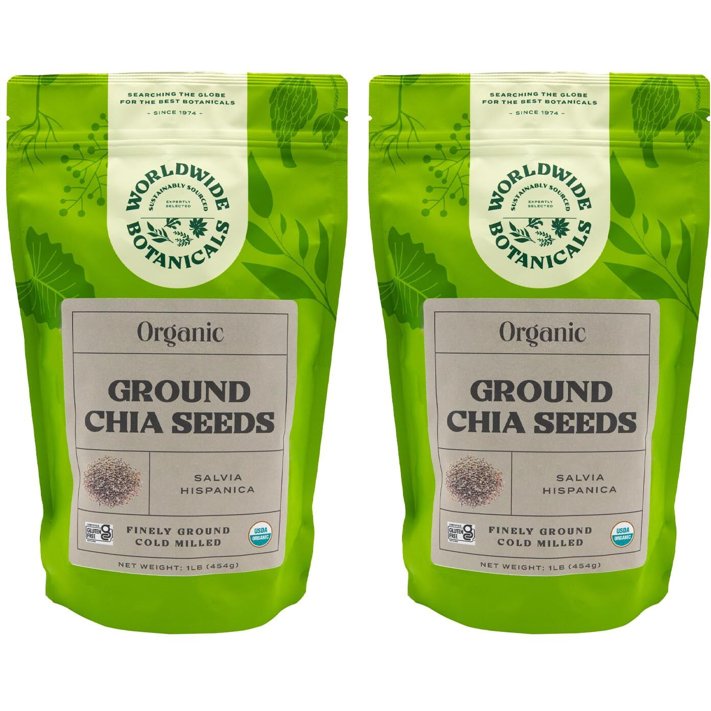 Worldwide Botanicals Organic Ground Chia Seeds - Excellent Source Of Fiber, Protein, And Omega-3 Fatty Acids | Gluten-Free | Vegan | Non-Gmo | Kosher, 1 Pound, Pack Of 2