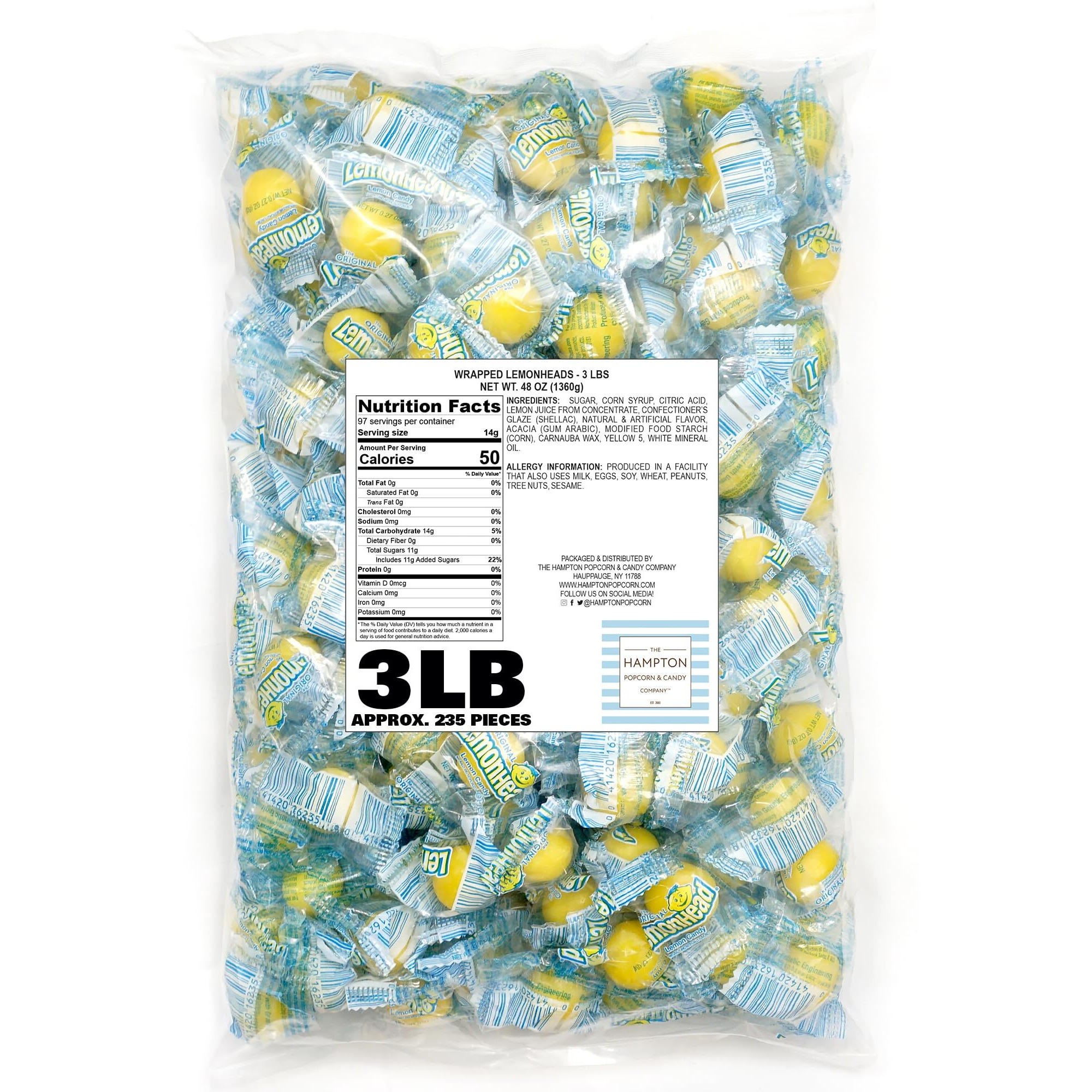 Lemonheads Candy, 3Lb Bulk Bag (Approximately 235 Pieces), Sour Hard Candy, Yellow Candy, Indvidually Wrapped Lemonhead Bulk Candy, The Hampton Popcorn & Candy Company