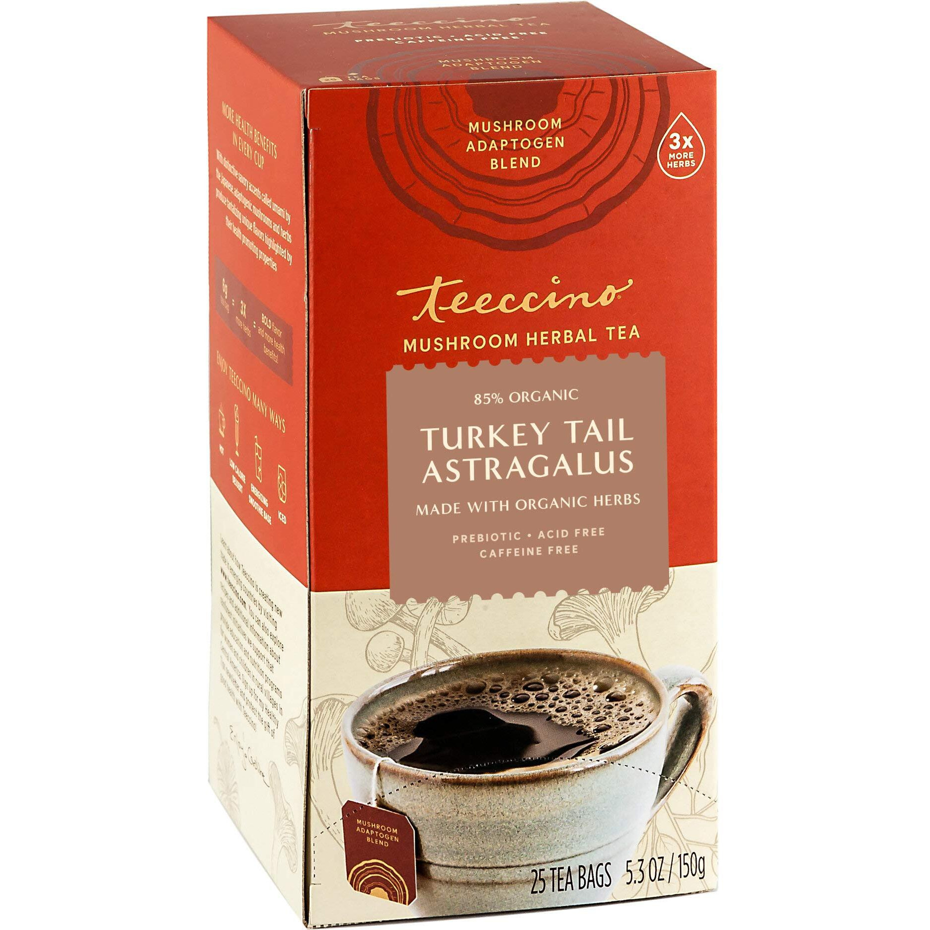 Teeccino Mushroom Herbal Tea - Turkey Tail Astragalus Toasted Maple - Caffeine Free, Prebiotic, 3X More Herbs - 25 Tea Bags