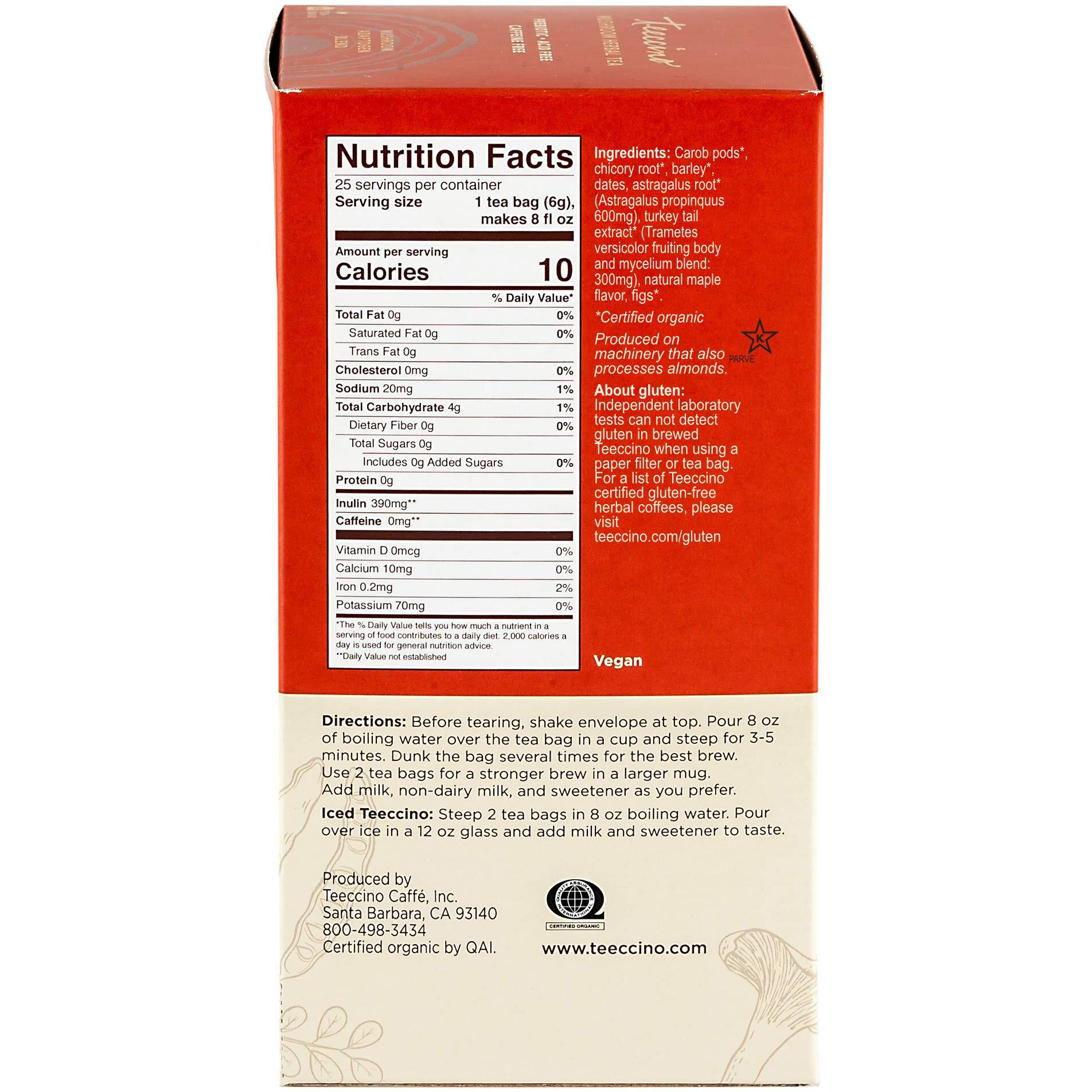 Teeccino Mushroom Herbal Tea - Turkey Tail Astragalus Toasted Maple - Caffeine Free, Prebiotic, 3X More Herbs - 25 Tea Bags