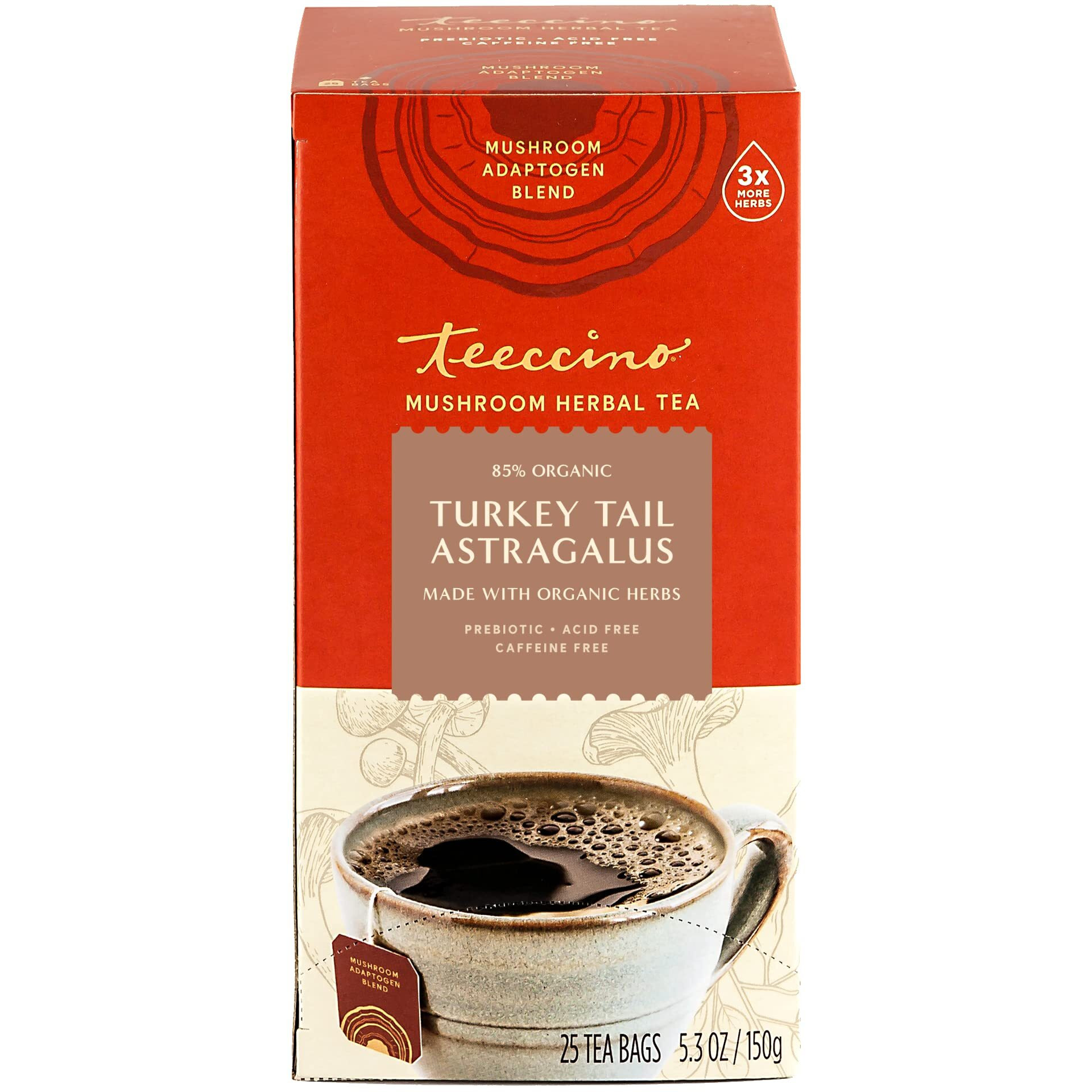 Teeccino Mushroom Herbal Tea - Turkey Tail Astragalus Toasted Maple - Caffeine Free, Prebiotic, 3X More Herbs - 25 Tea Bags