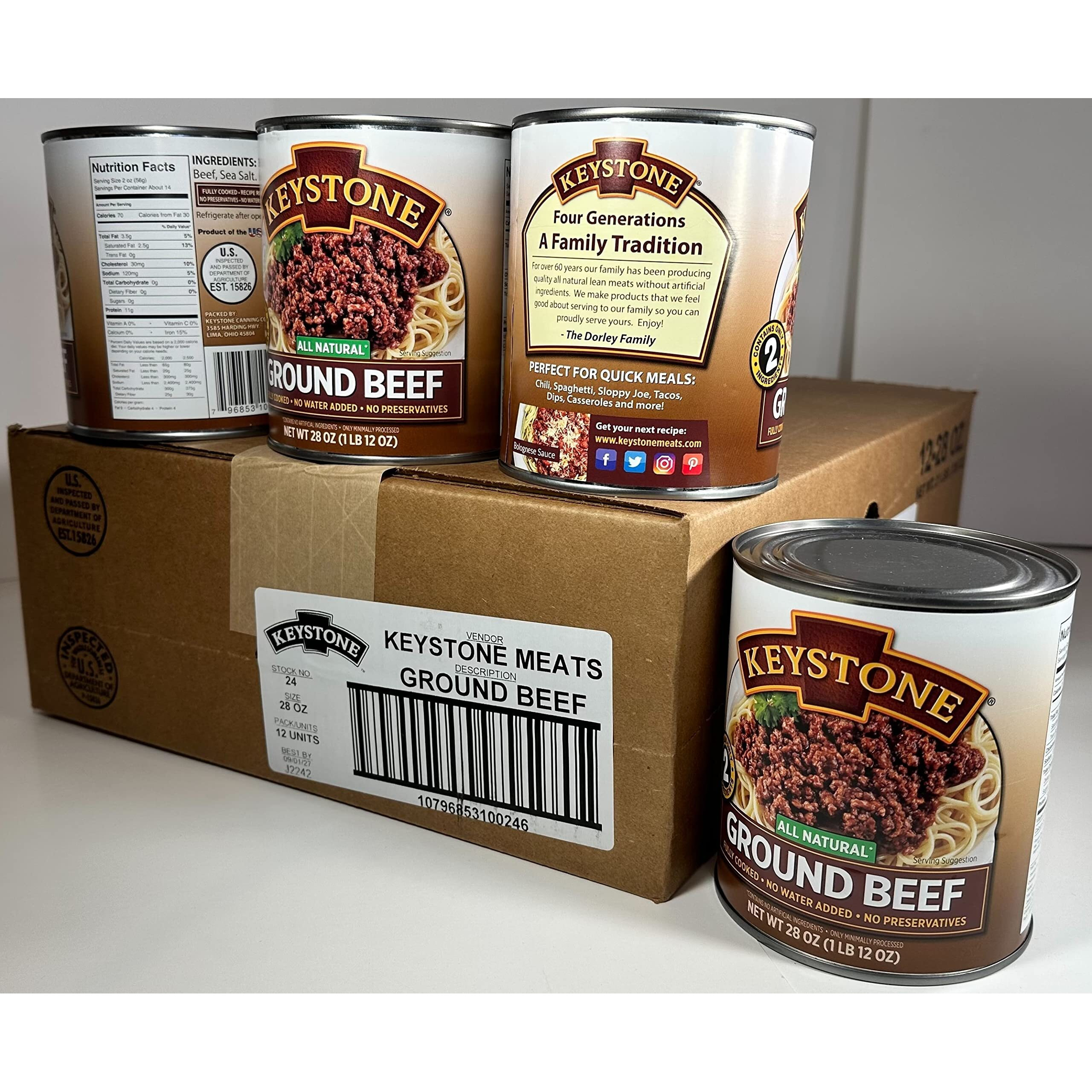 Keystone All Natural Ground Beef 28 Ounce Long Term Emergency Survival Food Canned Meat | Fully Cooked Ready To Eat | Gluten Free Family Pack Of 12