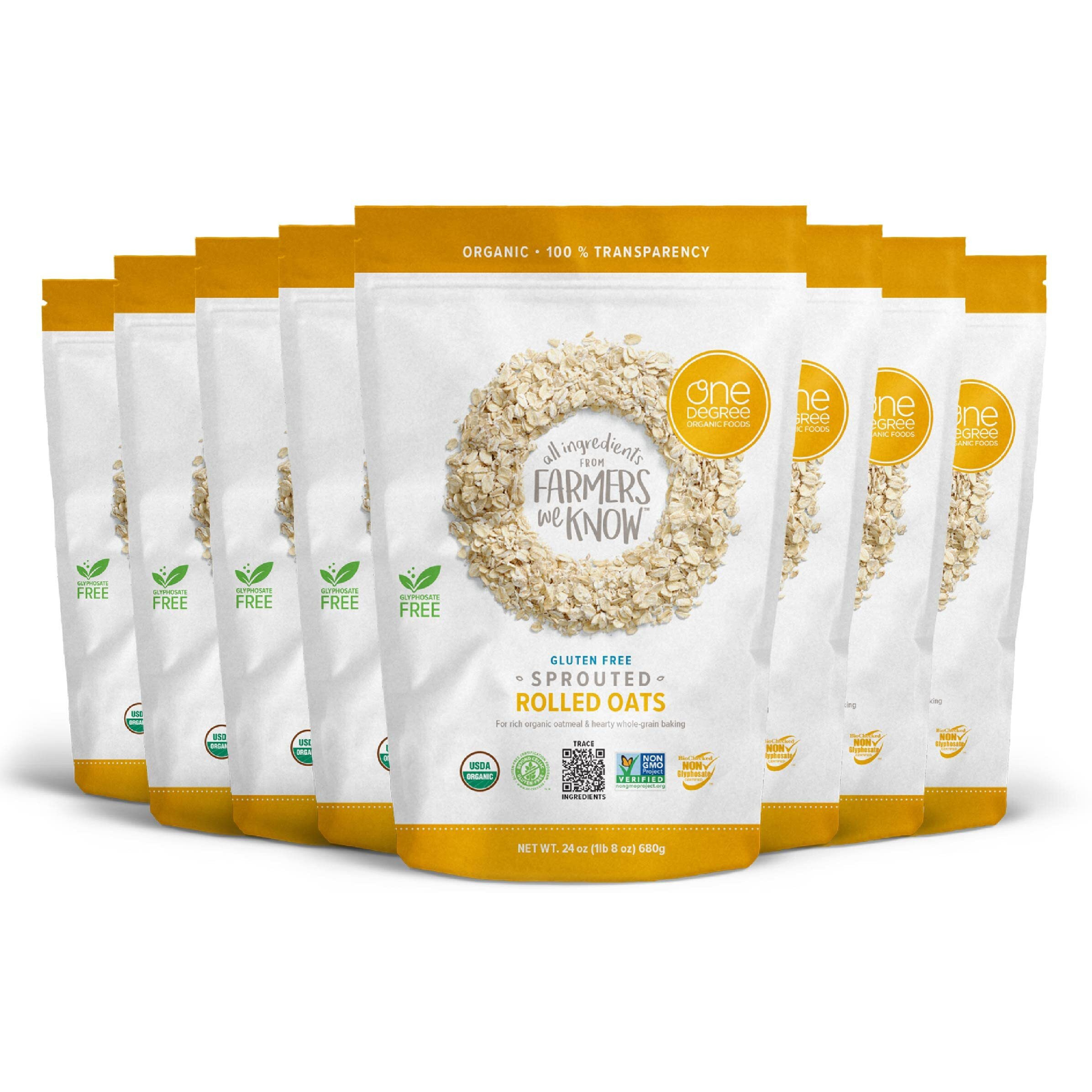 One Degree Organic Foods Sprouted Rolled Oats, Usda Organic, Non-Gmo Gluten Free Oatmeal, 24 Oz., 8 Pack