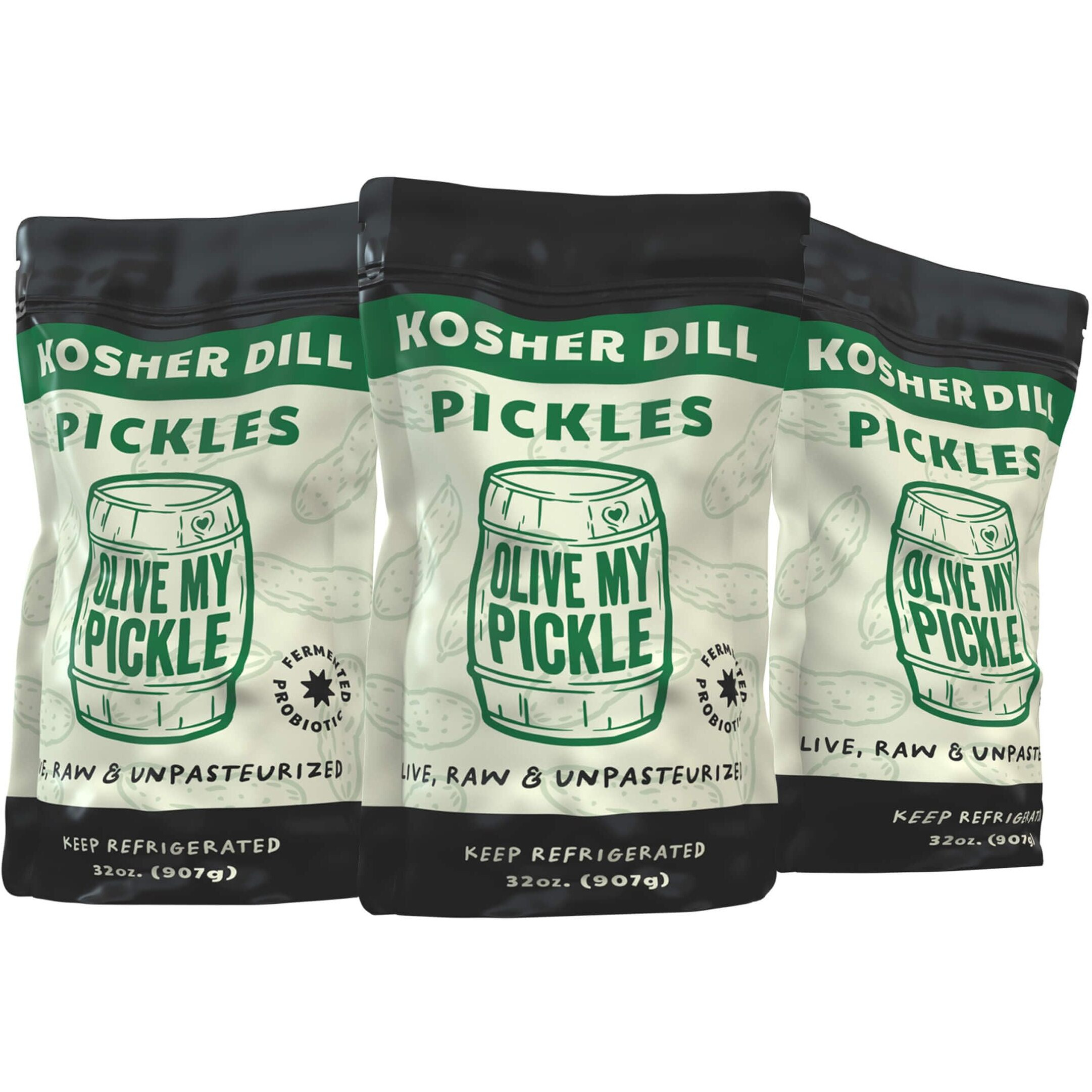 Olive My Pickle Fermented Dill Pickles - 96 Ounces | 3 Pack Bundle Of Probiotic Pickles Kosher Dill And Brine With Digestive Enzymes For Gut Health - Kosher Pickles 32 Oz Per Bag