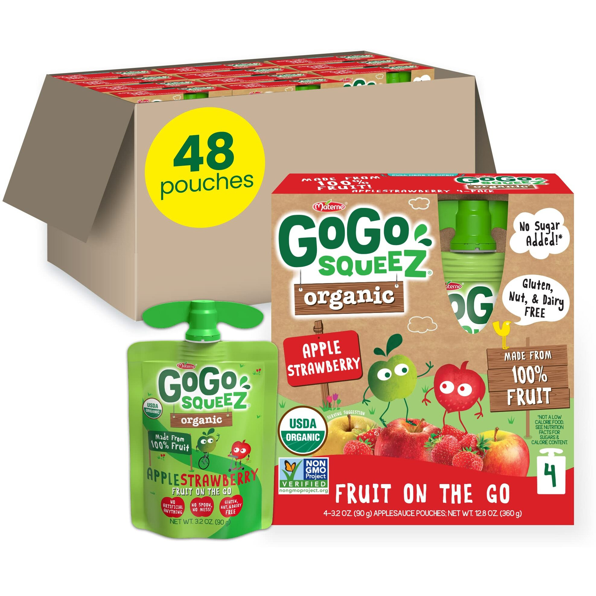 Gogo Squeez Fruit On The Go Organic, Apple Strawberry, 3.2 Oz (Pack Of 48), Unsweetened Organic Fruit Snacks For Kids, Gluten Free, Nut Free And Dairy Free, Recloseable Cap, Bpa Free Pouches