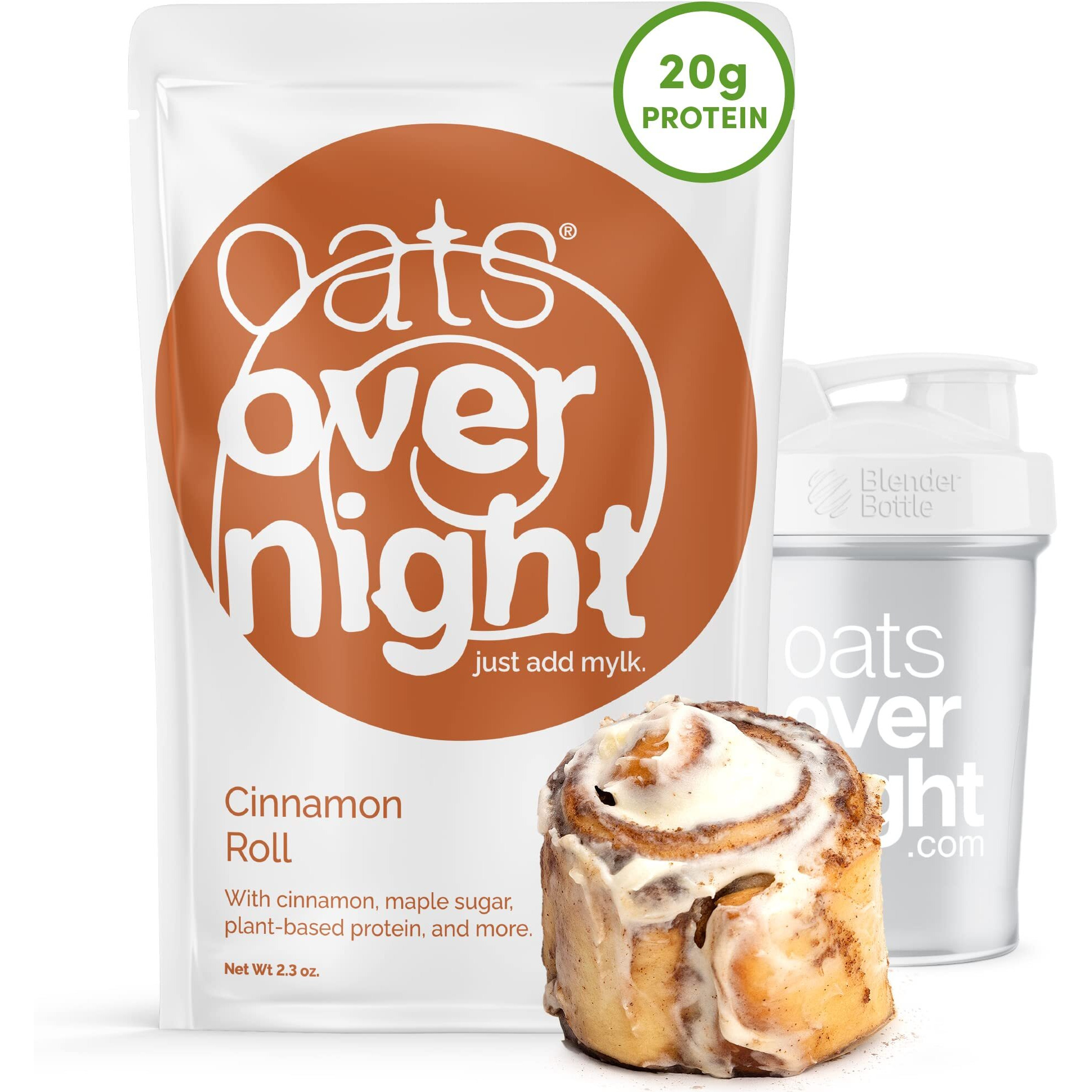 Oats Overnight Cinnamon Roll - Vegan Overnight Oats With 20G Protein, High Fiber Breakfast Protein Shake - Gluten Free Oatmeal, Non Gmo High Protein Oatmeal (2.3 Oz Per Meal) (8 Pack + Blenderbottle)