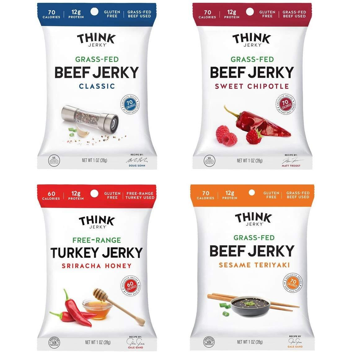 Think Jerky, Beef And Turkey Jerky Variety Pack (1.0 Ounce Bags, Pack Of 8) Contains 2 Bags Of Each Classic Beef Jerky, Sweet Chipotle Beef Jerky, Sriracha Honey Turkey Jerky, And Sesame Teriyaki Beef Jerky - Healthy Jerky Snack, Low Calorie, Low Fat
