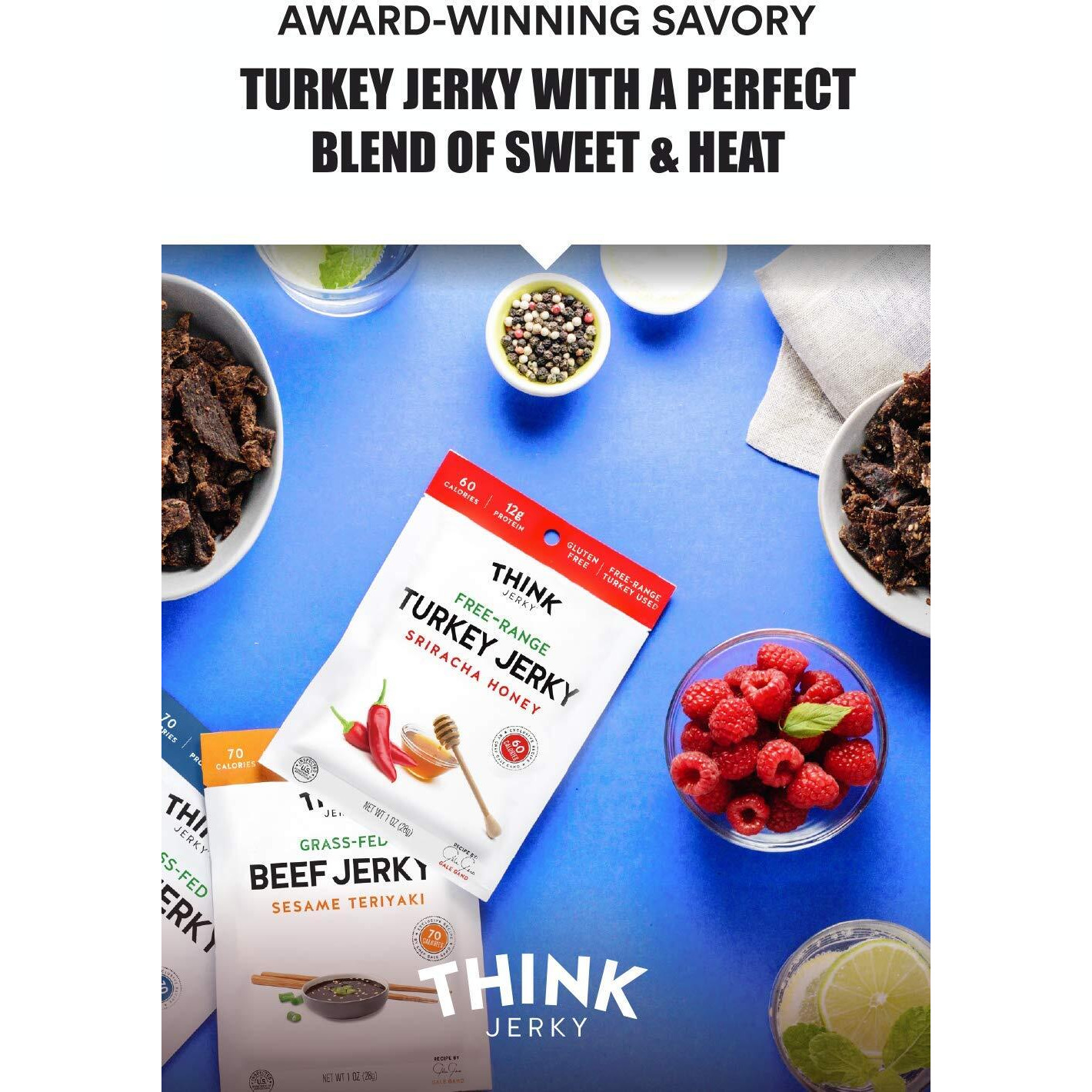 Think Jerky, Beef And Turkey Jerky Variety Pack (1.0 Ounce Bags, Pack Of 8) Contains 2 Bags Of Each Classic Beef Jerky, Sweet Chipotle Beef Jerky, Sriracha Honey Turkey Jerky, And Sesame Teriyaki Beef Jerky - Healthy Jerky Snack, Low Calorie, Low Fat