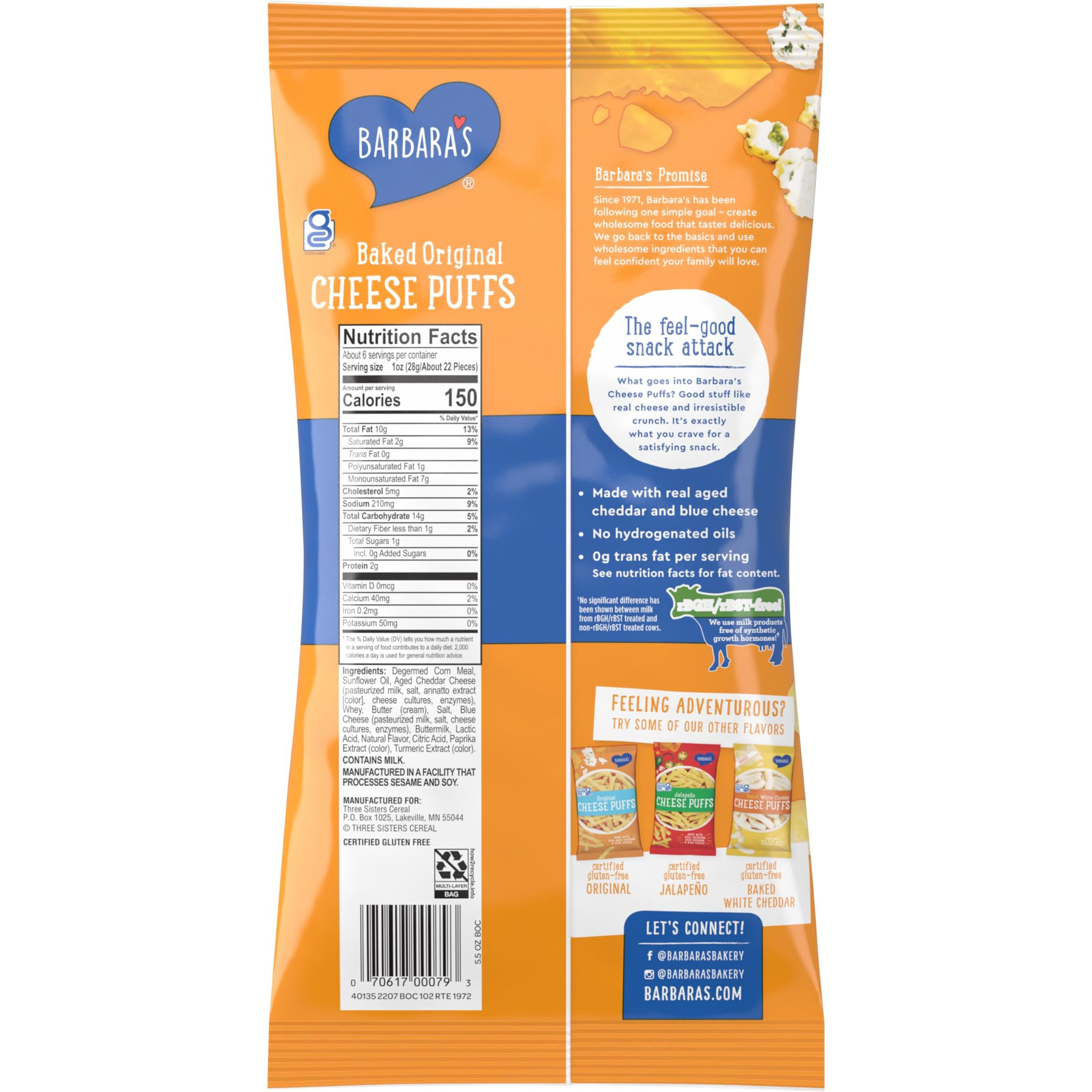 Barbara's Baked Original Cheese Puffs, Cheese Puff Kids Snack Made With Real Aged Cheese, Gluten Free Snack, 5.5 Oz Bag