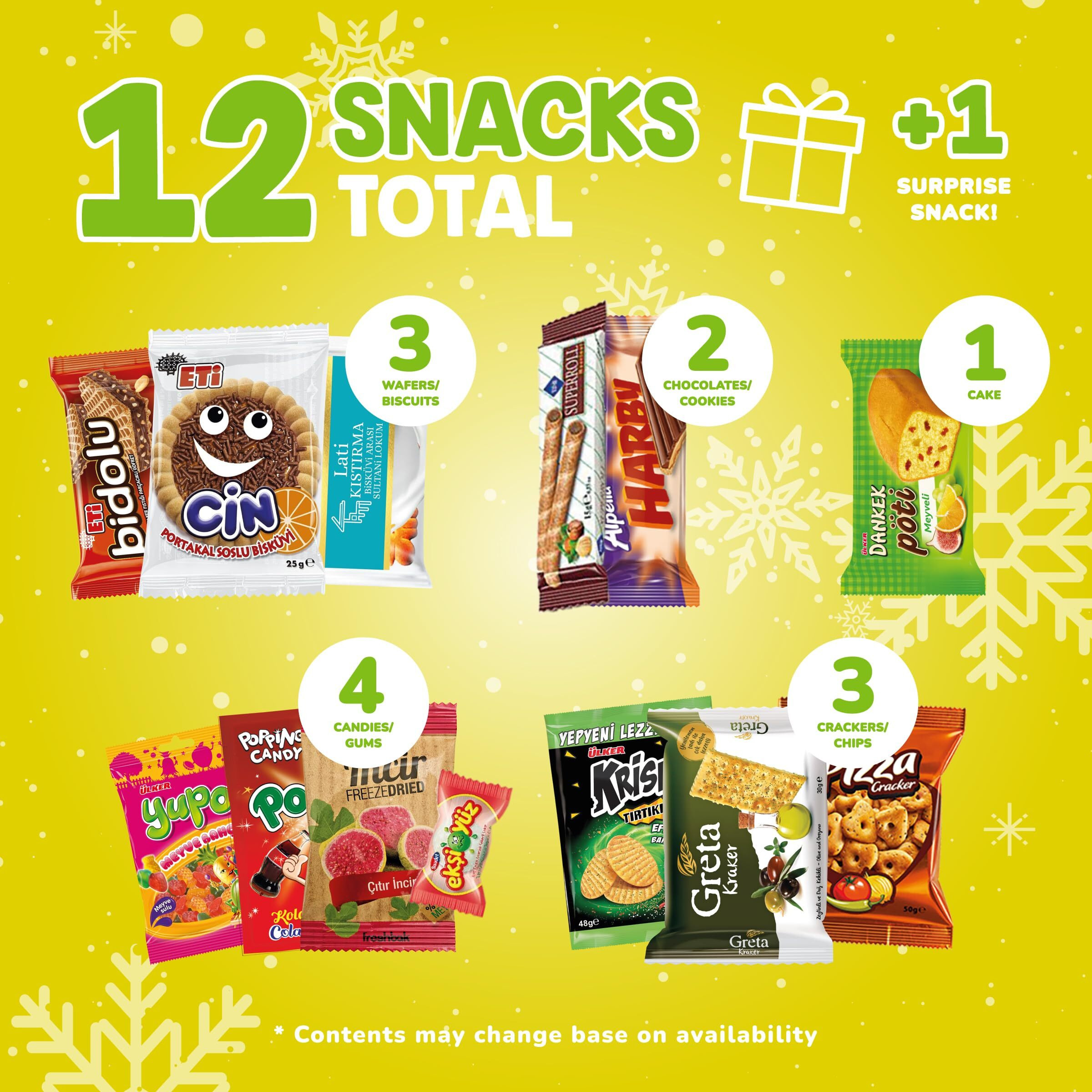 Midi International Snack Box | Premium Exotic Foreign Snacks | Unique Snack Food Gifts Included | Try Extraordinary Turkish Snacks | Candies From Around The World | 12 Full-Size + 1 Bonus Snacks