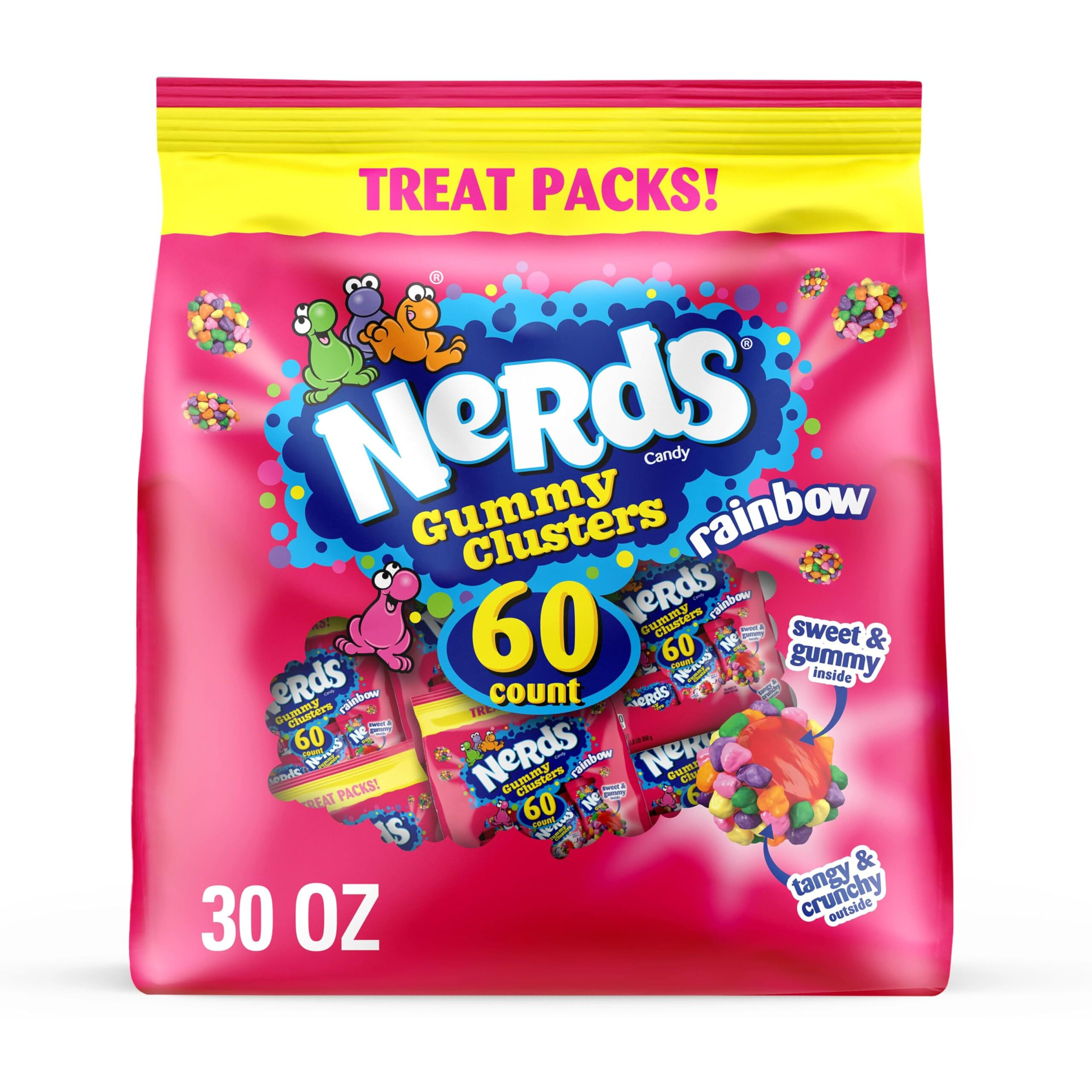Nerds Gummy Clusters, Candy Treat Packs, Rainbow, Crunchy And Gummy, Halloween Candy Variety Pack Trick-Or-Treat Assortment, 30 Oz (60 Ct)