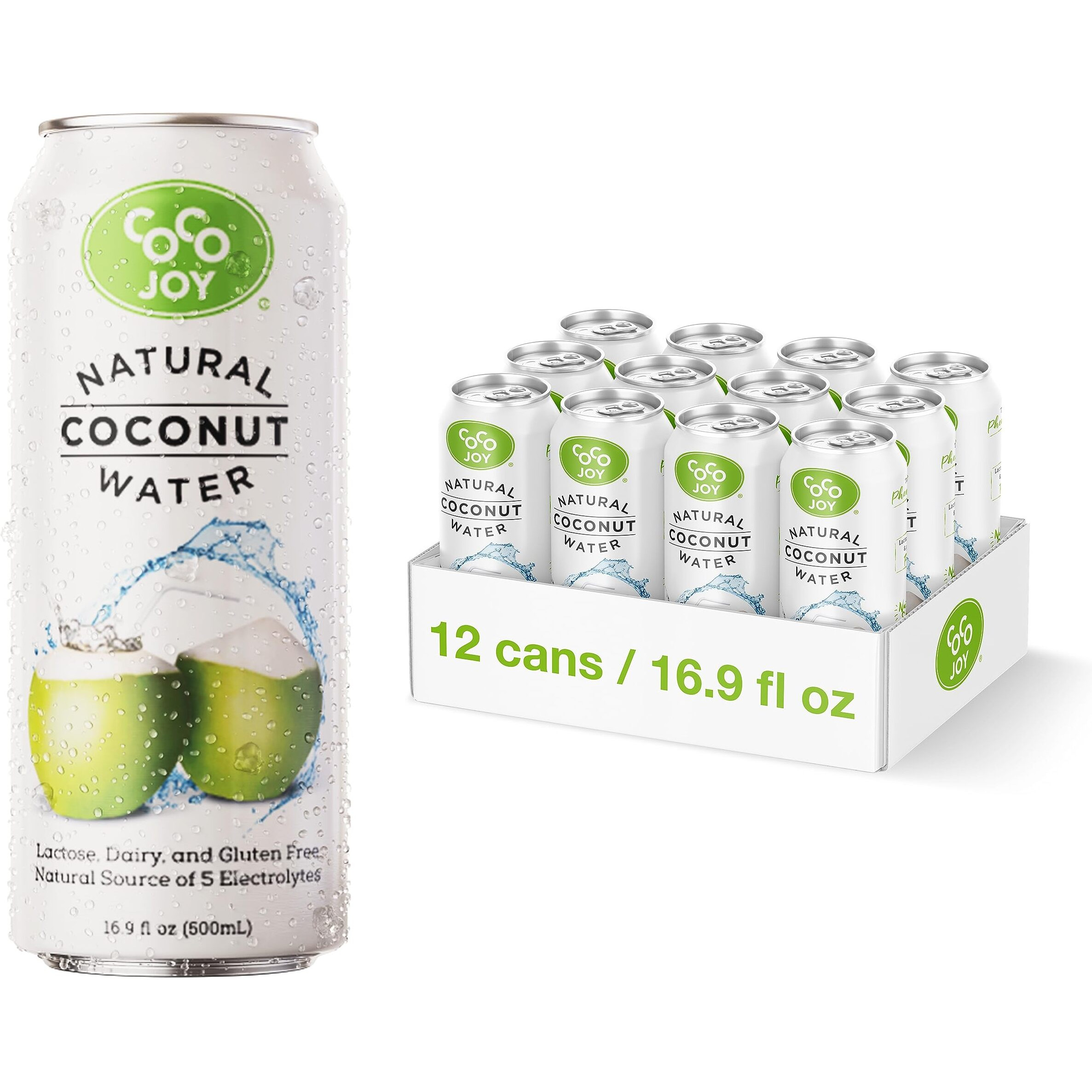 Coco Joy Natural Coconut Water, 100% Coconut Water, Fresh, Low-Calorie, High-Calcium, Nutrient-Rich Coconut-Water Drink With Electrolytes, Potassium, And Other Nutrients, 12 Pack