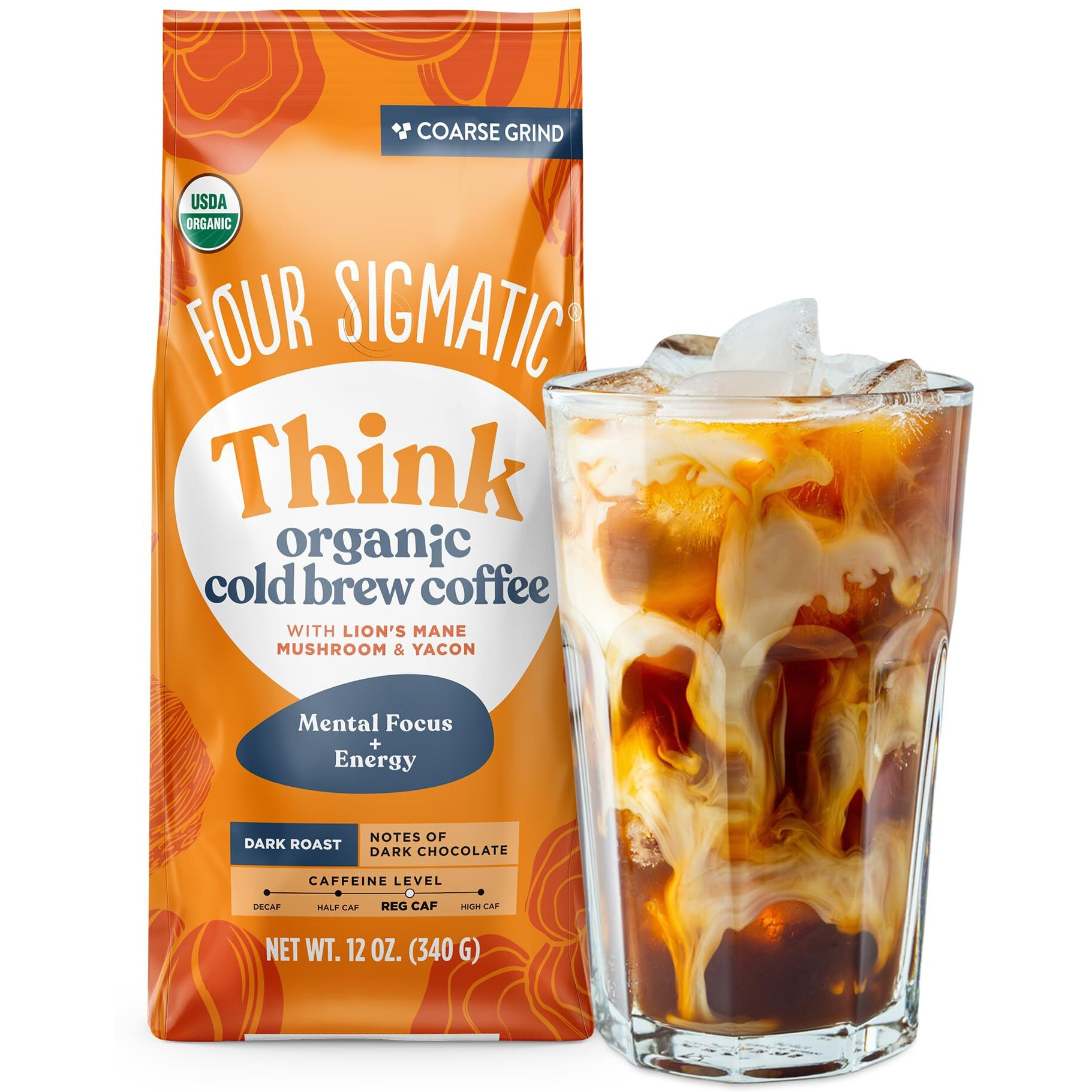 Four Sigmatic Organic Cold Brew Coffee Grounds | Dark Roast, Fair Trade Coarse Grounds With Lion's Mane And Chaga | Cold Brew Mushroom Coffee For Crash-Free Focus | 12 Oz Bag