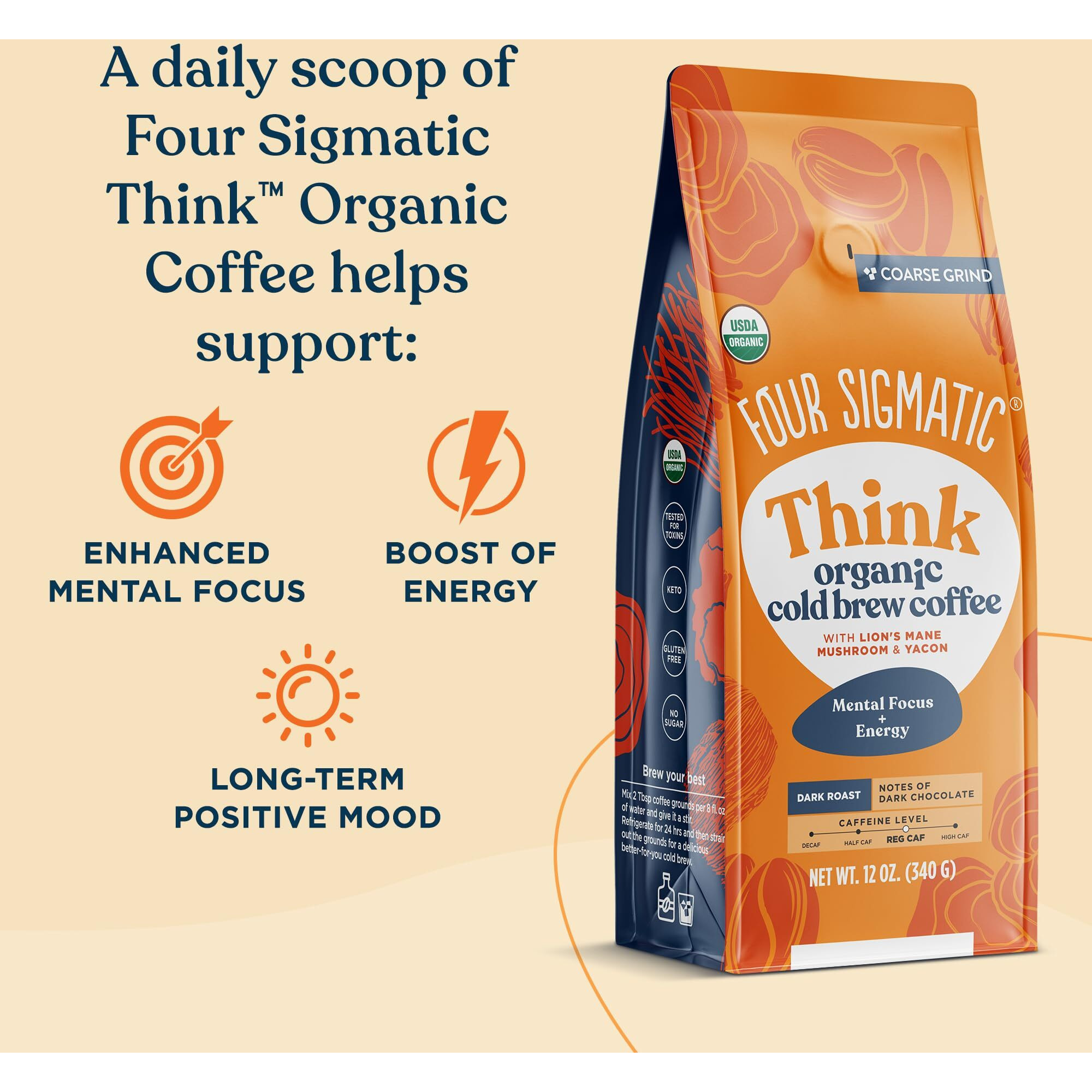 Four Sigmatic Organic Cold Brew Coffee Grounds | Dark Roast, Fair Trade Coarse Grounds With Lion's Mane And Chaga | Cold Brew Mushroom Coffee For Crash-Free Focus | 12 Oz Bag