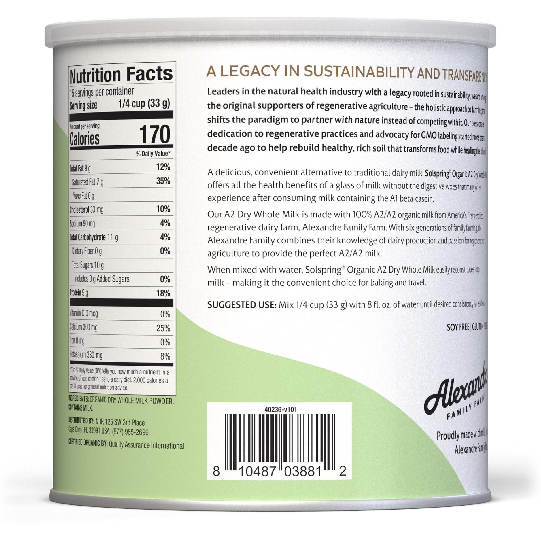 Solspring Organic A2 Dry Whole Milk, 15 Servings, 17.4 Oz. (495 G), Contains 26% Milk Fat, Gluten Free, Soy Free, Certified Usda Organic, Dr. Mercola
