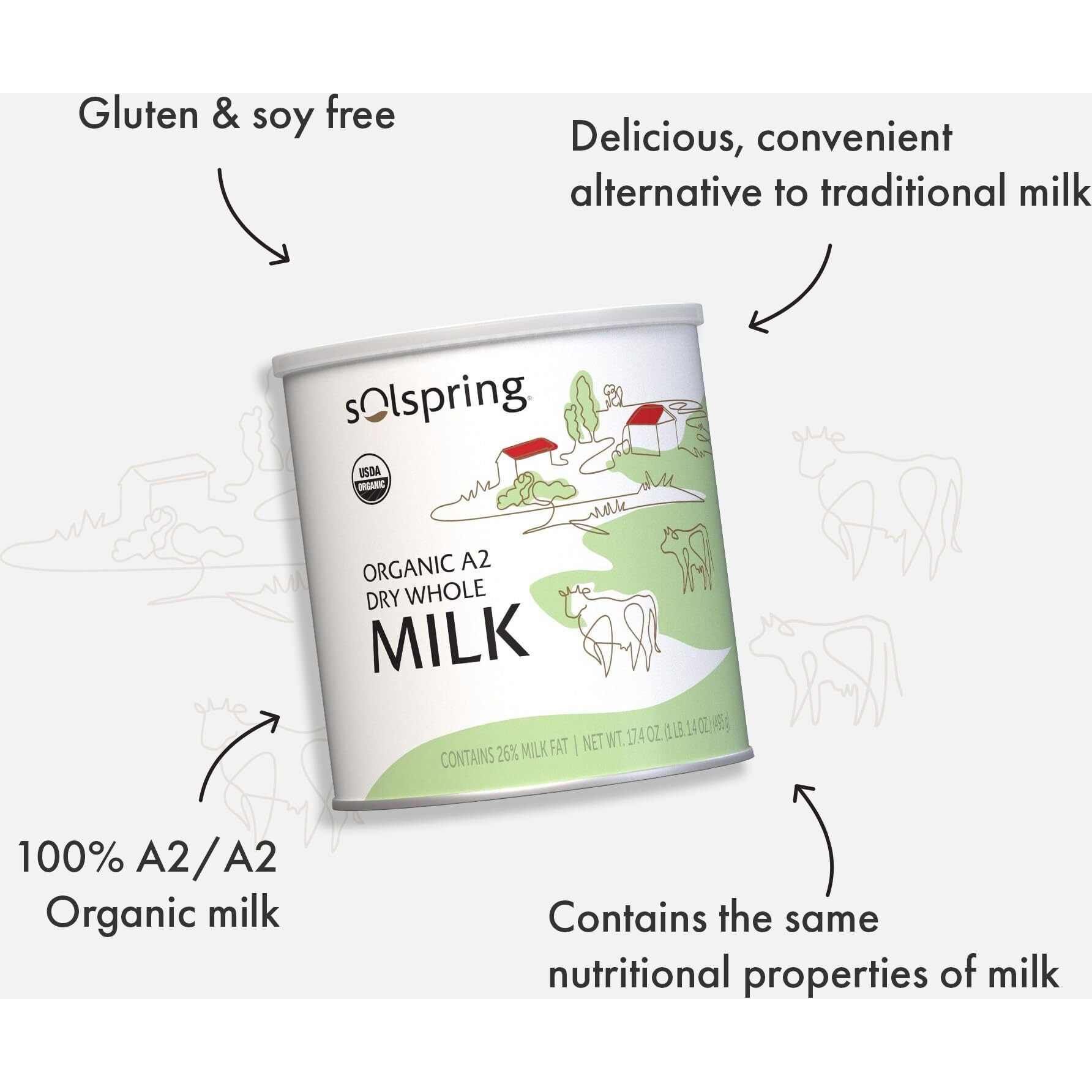 Solspring Organic A2 Dry Whole Milk, 15 Servings, 17.4 Oz. (495 G), Contains 26% Milk Fat, Gluten Free, Soy Free, Certified Usda Organic, Dr. Mercola
