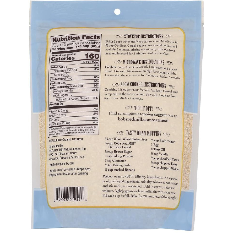Bob's Red Mill Cereal Oat Bran Organic 18.0 Oz (Pack Of 6)