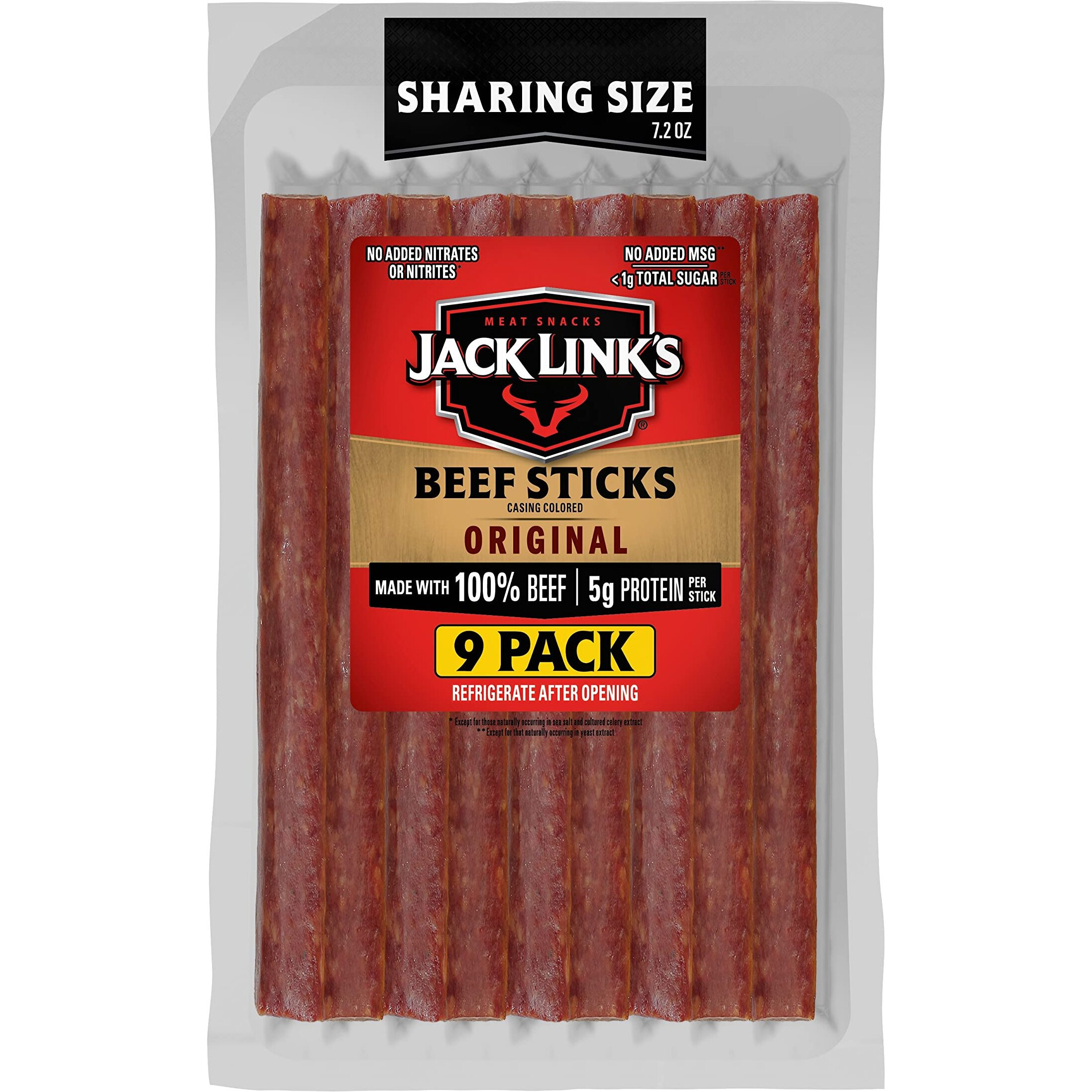 Jack Link's Beef Sticks, Original - Protein Snack, Meat Stick, Made With 100% Beef, No Added Msg** - 7.2 Oz.