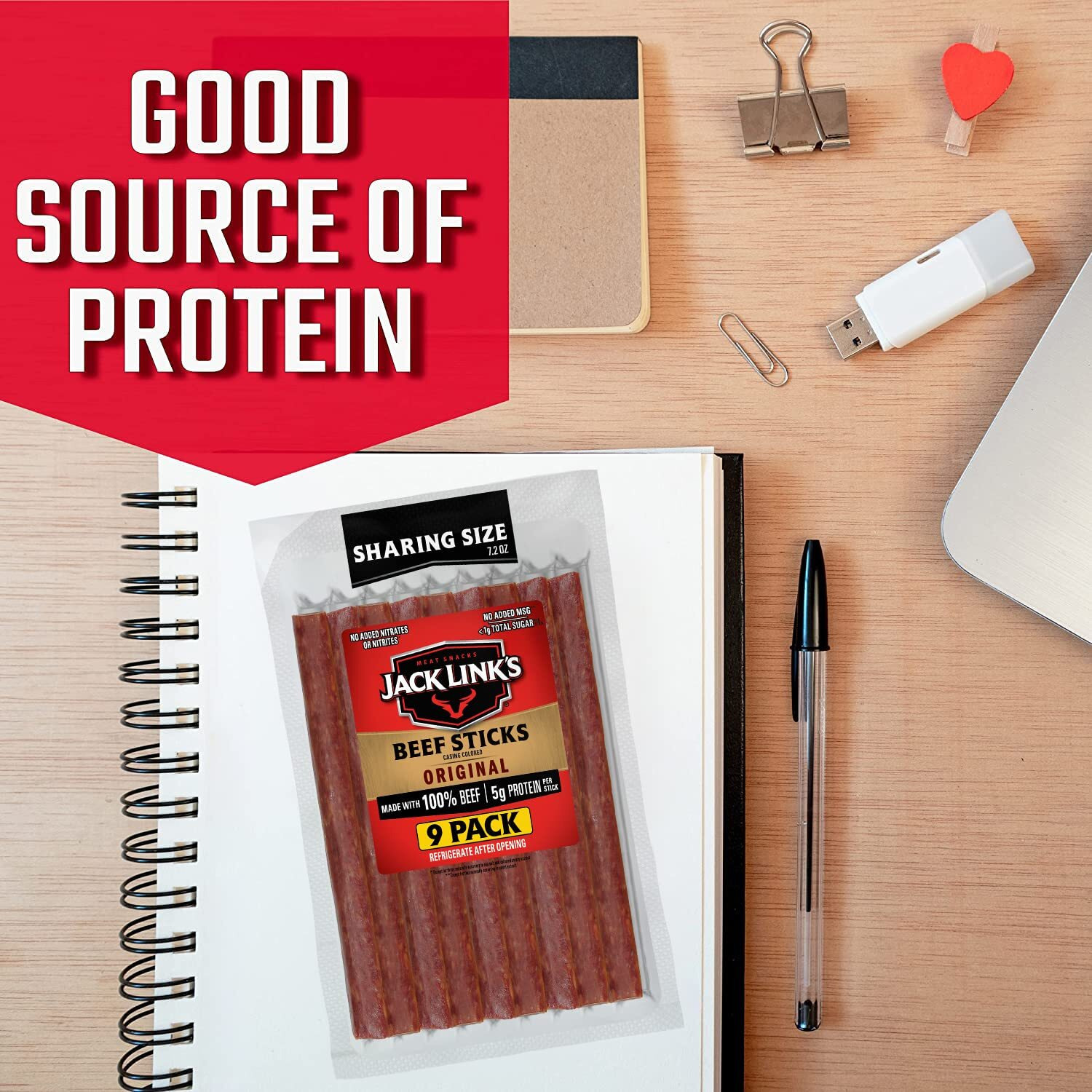 Jack Link's Beef Sticks, Original - Protein Snack, Meat Stick, Made With 100% Beef, No Added Msg** - 7.2 Oz.