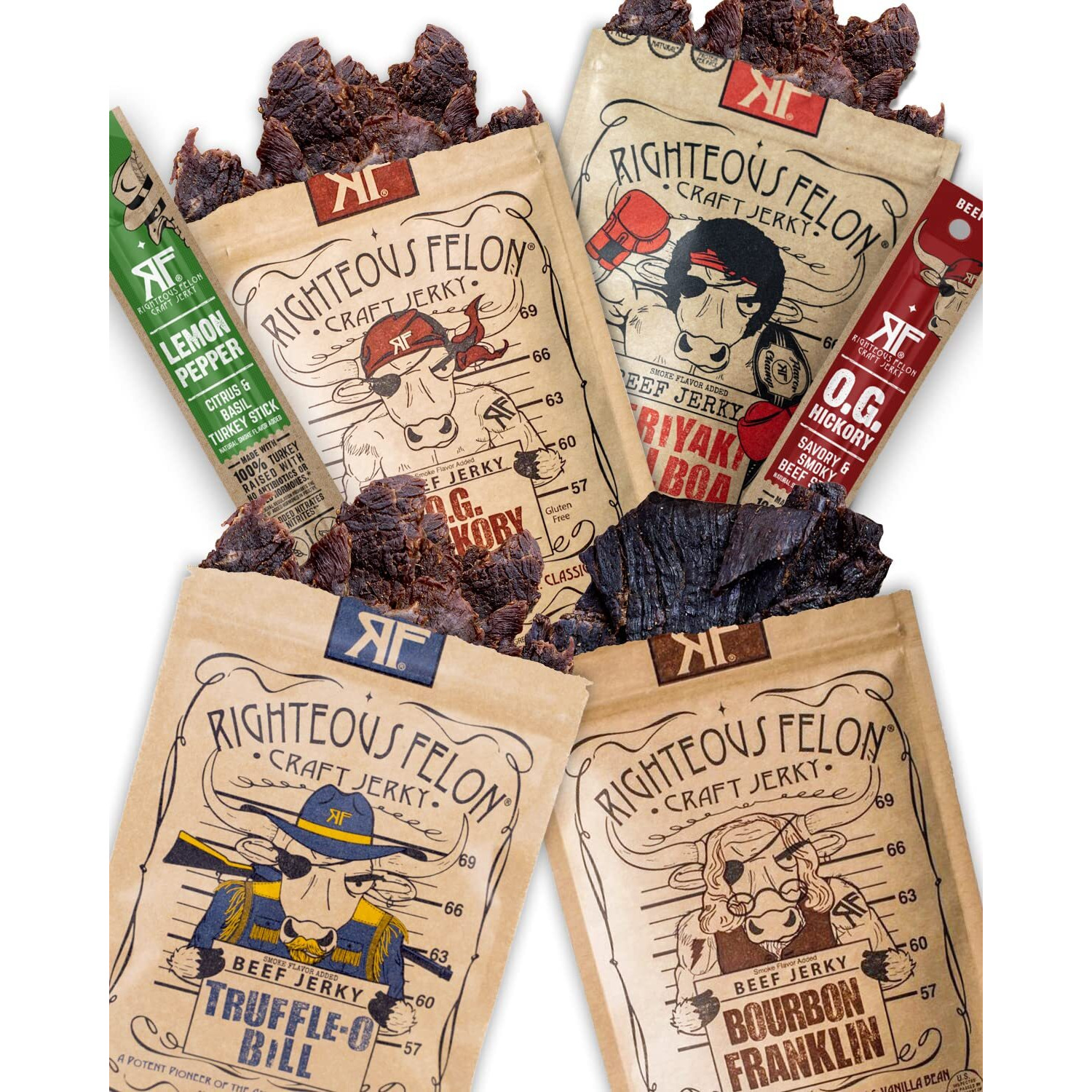 Righteous Felon Savory Beef Jerky Variety Gift Pack - Great Gifts For Men | Gluten Free, High Protein Healthy Snack | Bulk Beef, Pork, & Turkey Jerky Variety Snack Packs | The Savory 6 Pack Sampler