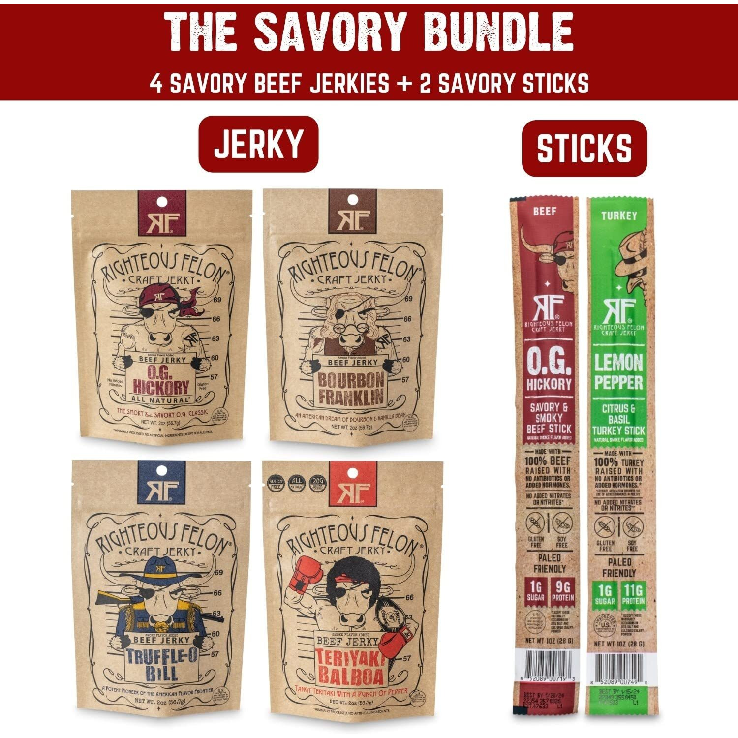 Righteous Felon Savory Beef Jerky Variety Gift Pack - Great Gifts For Men | Gluten Free, High Protein Healthy Snack | Bulk Beef, Pork, & Turkey Jerky Variety Snack Packs | The Savory 6 Pack Sampler
