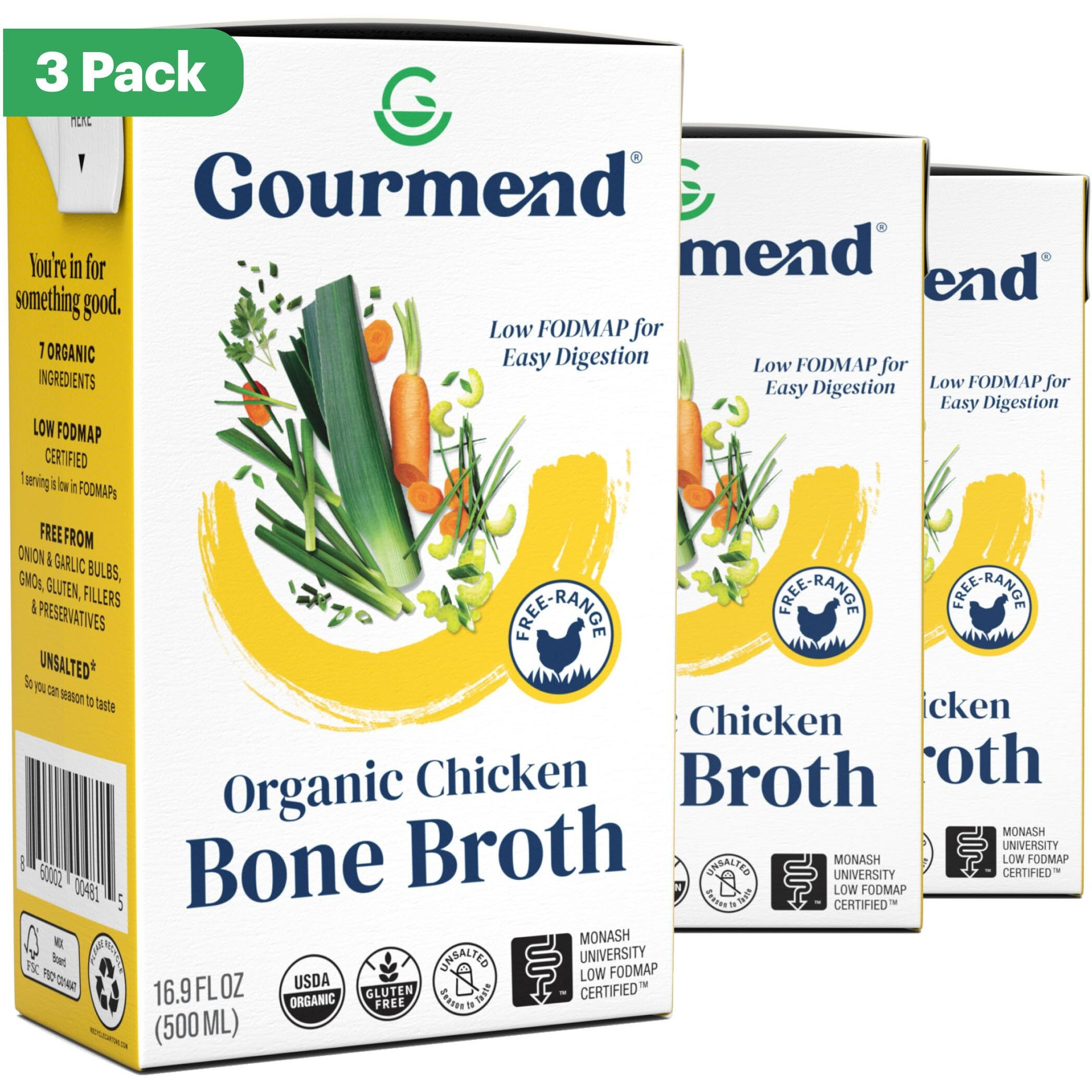 Organic Unsalted 16.9Oz Chicken Bone Broth (3 Pack) - 7 Ingredients, Low Fodmap Certified, Filler Free, Gluten Free, Onion & Garlic Bulb Free