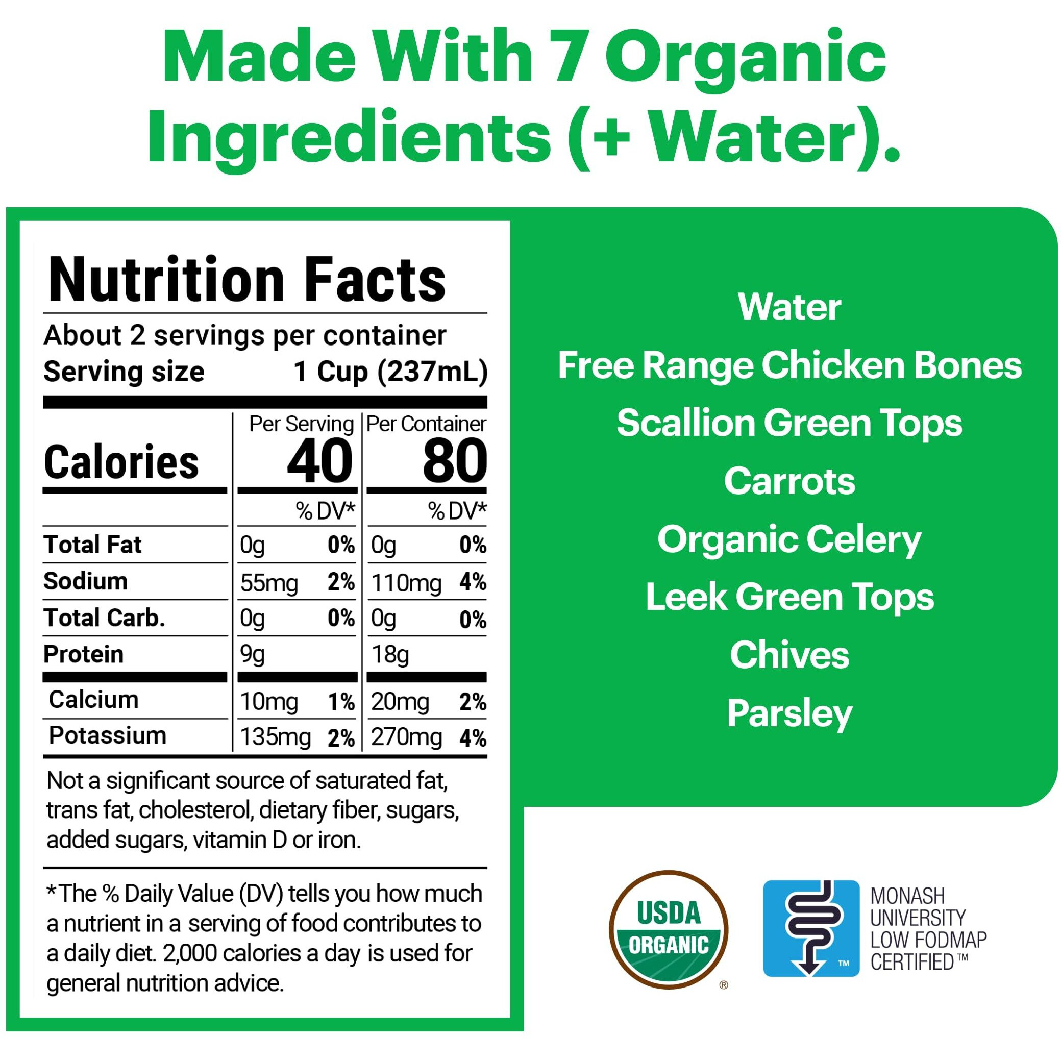 Organic Unsalted 16.9Oz Chicken Bone Broth (3 Pack) - 7 Ingredients, Low Fodmap Certified, Filler Free, Gluten Free, Onion & Garlic Bulb Free