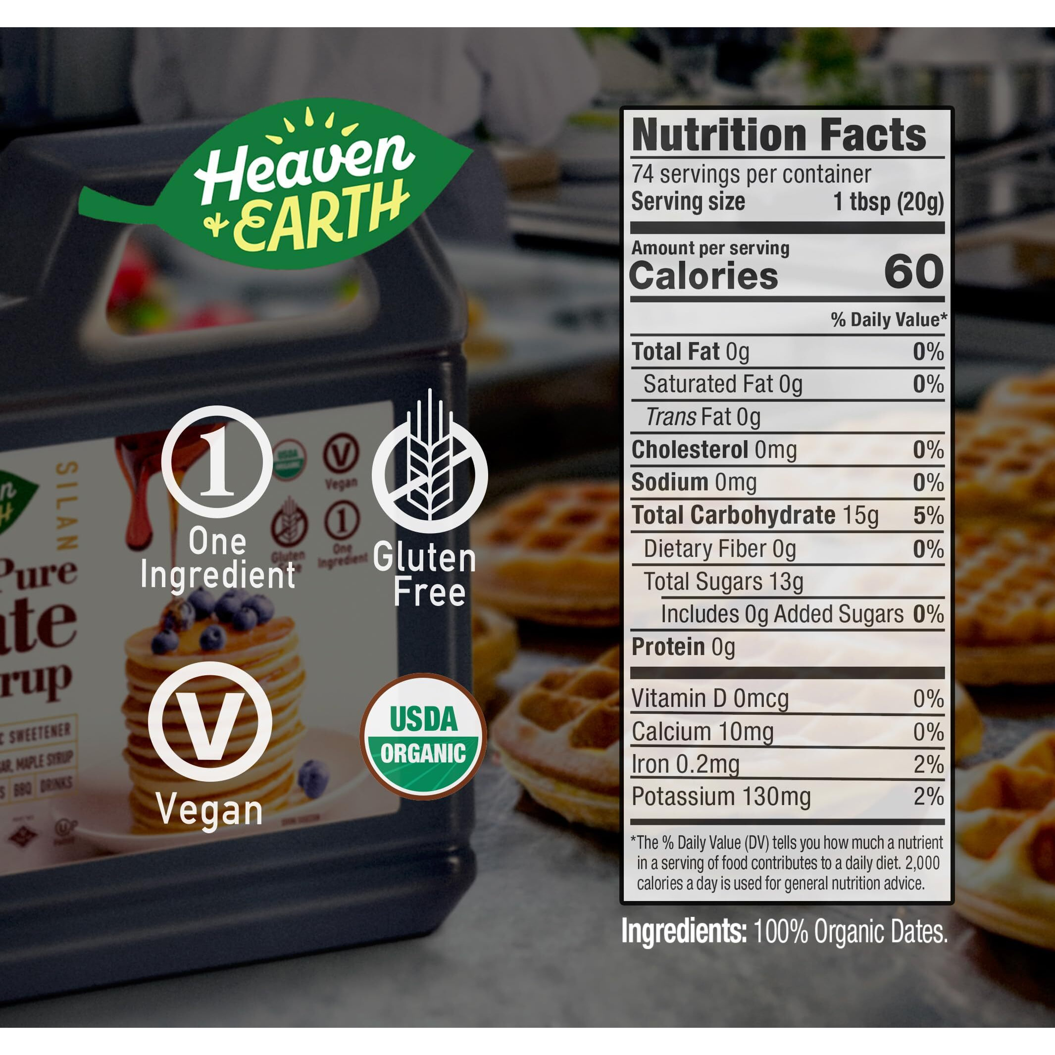 Heaven & Earth 100% Organic Date Syrup, Silan (3.3 Lb) 52.8Oz | 1 Ingredient | All Natural Honey Alternative | Low Glycemic Index | Great Sugar Replacement | Organic Date Honey | Bulk Size | Kosher - Including Passover