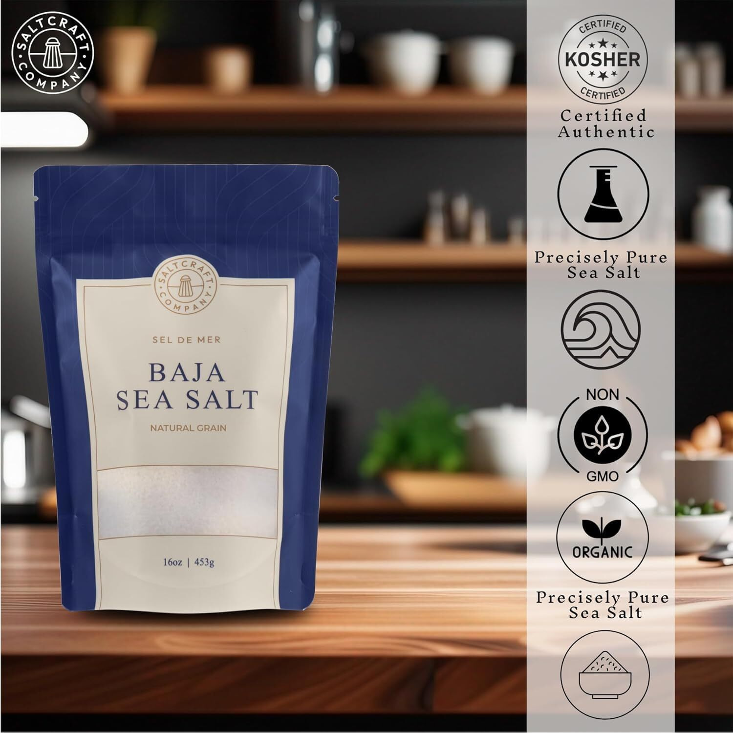 Saltcraft Company - Baja Sea Salt, Natural Grain Crystals, Low Sodium 30%, Kosher Certified & Mineral Salt, No Additives - 16 Ounce