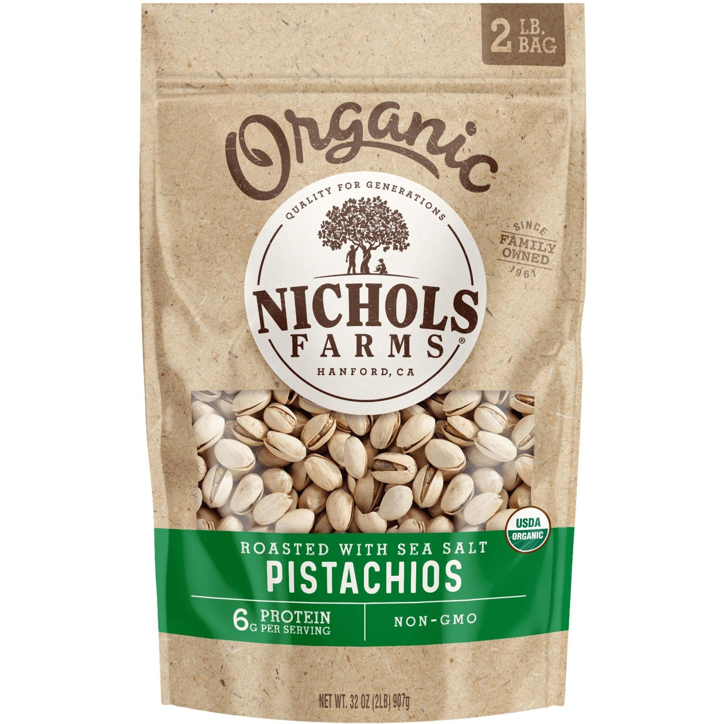 Nichols Farms California Pistachios Roasted Salted, Organic With Sea Salt, 32-Ounce Bag