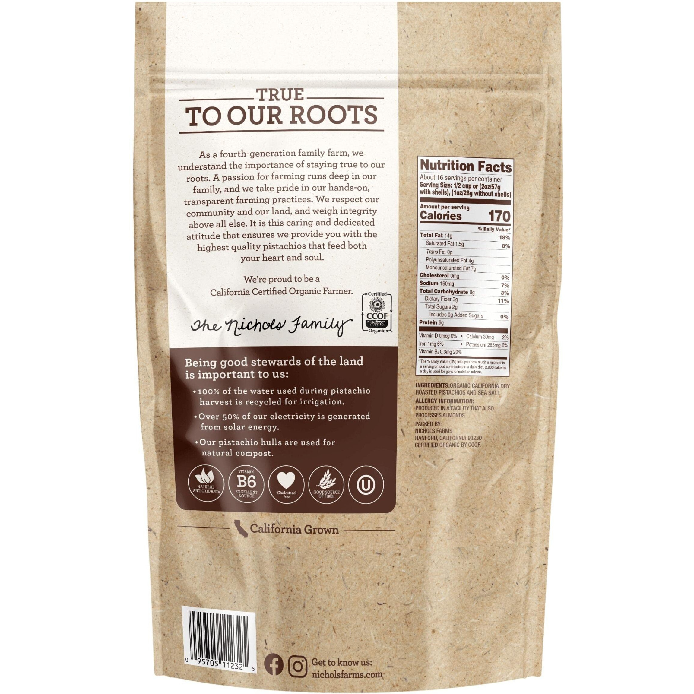 Nichols Farms California Pistachios Roasted Salted, Organic With Sea Salt, 32-Ounce Bag