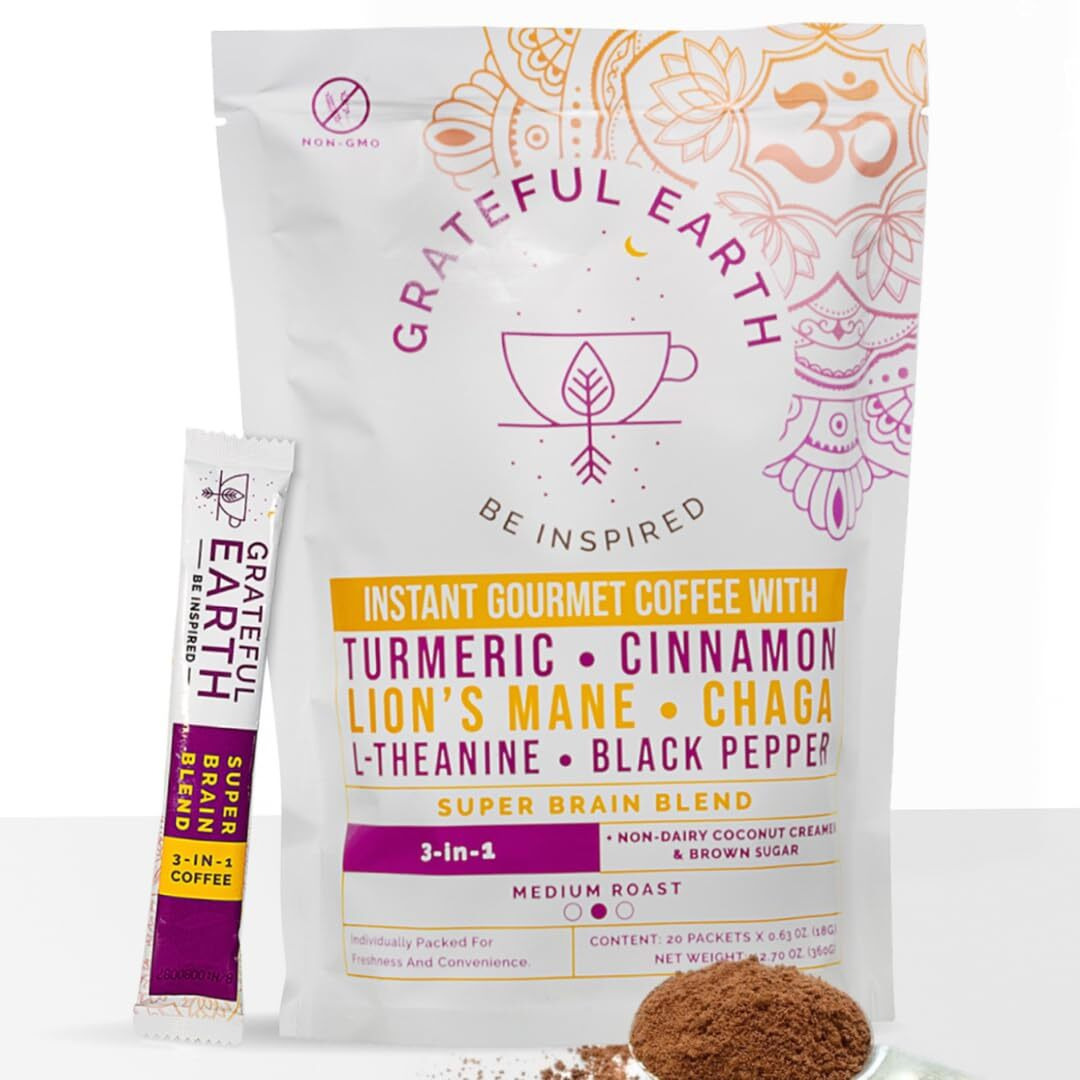 Grateful Earth Mushroom Coffee, Coconut Instant Coffee With Cinnamon, Turmeric, Lions Mane Mushrooms, L-Theanine, Chaga, Super Brain Blend For Energy & Immune Support, Dairy & Gluten Free, 20 Packets