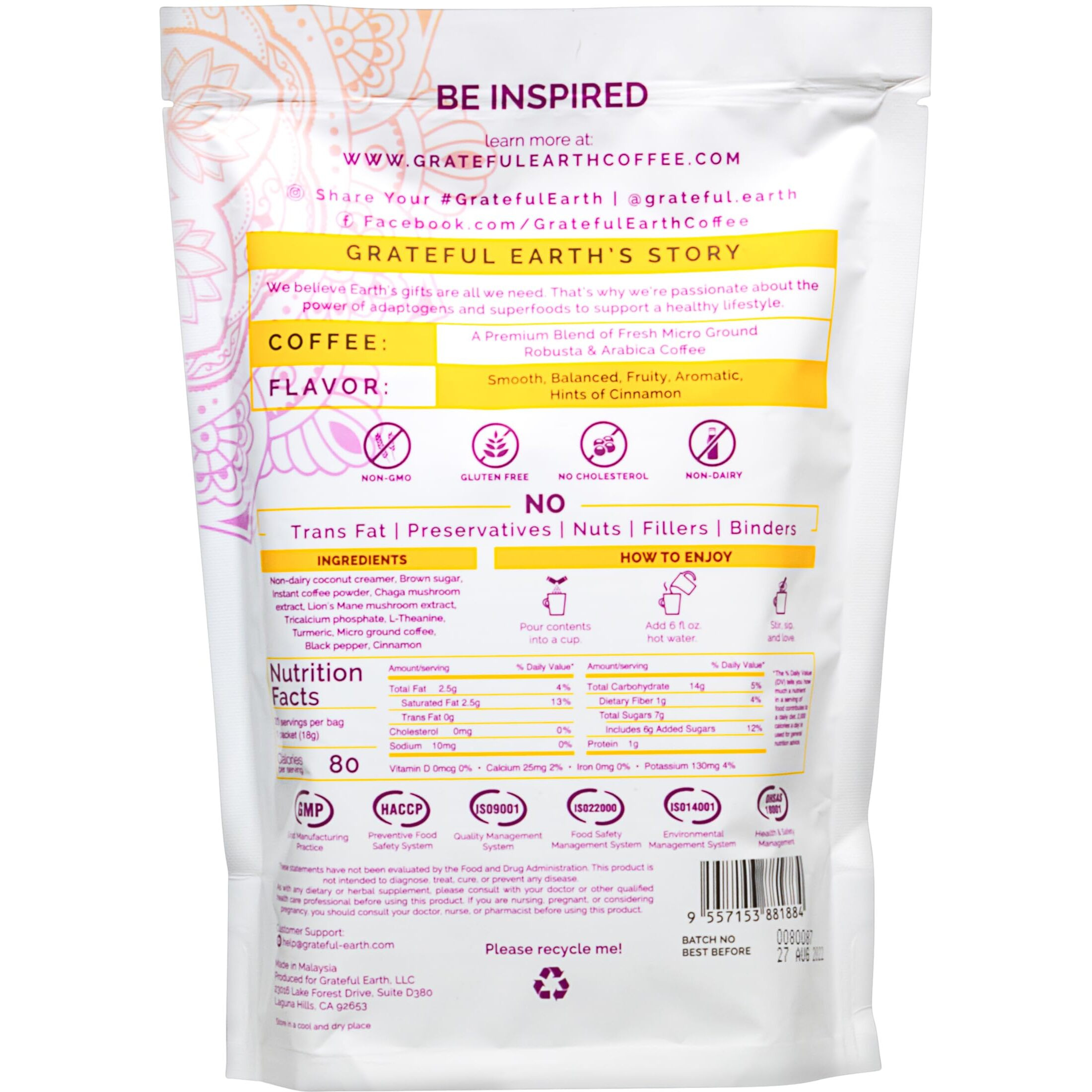 Grateful Earth Mushroom Coffee, Coconut Instant Coffee With Cinnamon, Turmeric, Lions Mane Mushrooms, L-Theanine, Chaga, Super Brain Blend For Energy & Immune Support, Dairy & Gluten Free, 20 Packets