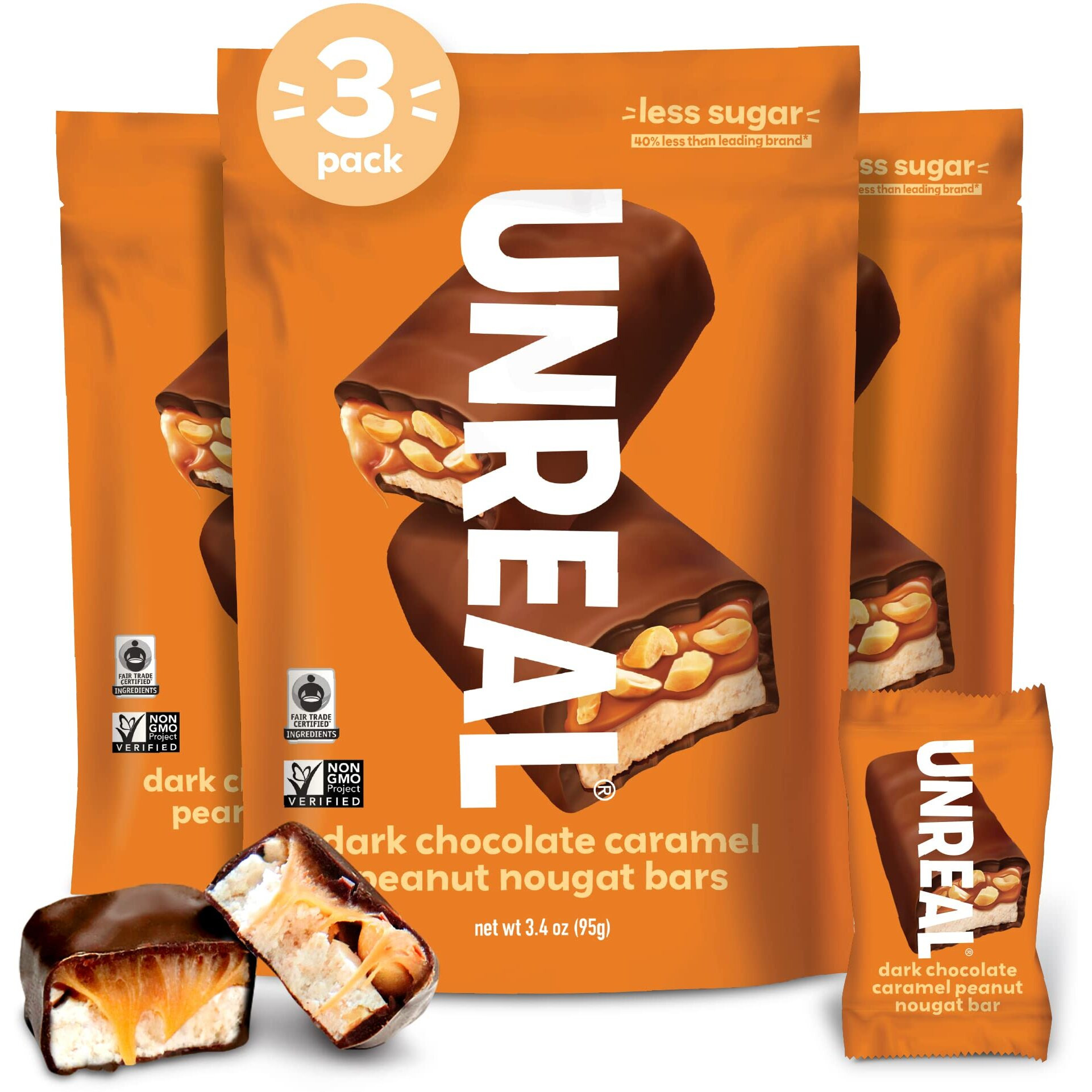 Unreal Dark Chocolate Caramel Peanut Nougat Bars | 70% Organic Ingredients, Fair Trade, Non-Gmo | No Corn Syrup, Sugar Alcohols, Soy | 3 Bags