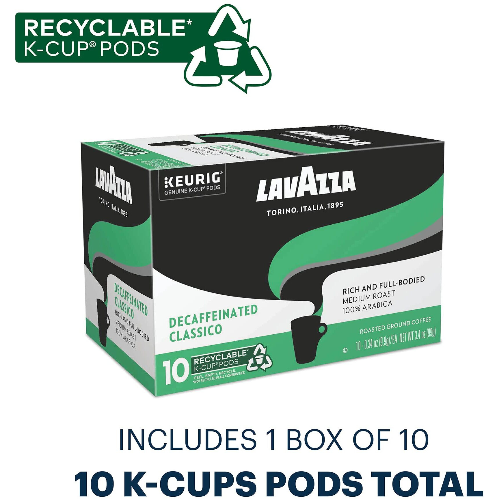 Lavazza Classico Decaf Single-Serve Coffee K-Cups For Keurig Brewer, Medium Roast, 10 Count Box ,Rich And Full-Bodied Flavor Delivers A Uniquely Intense Aroma Of Dried Fruits, 100% Arabica Coffees
