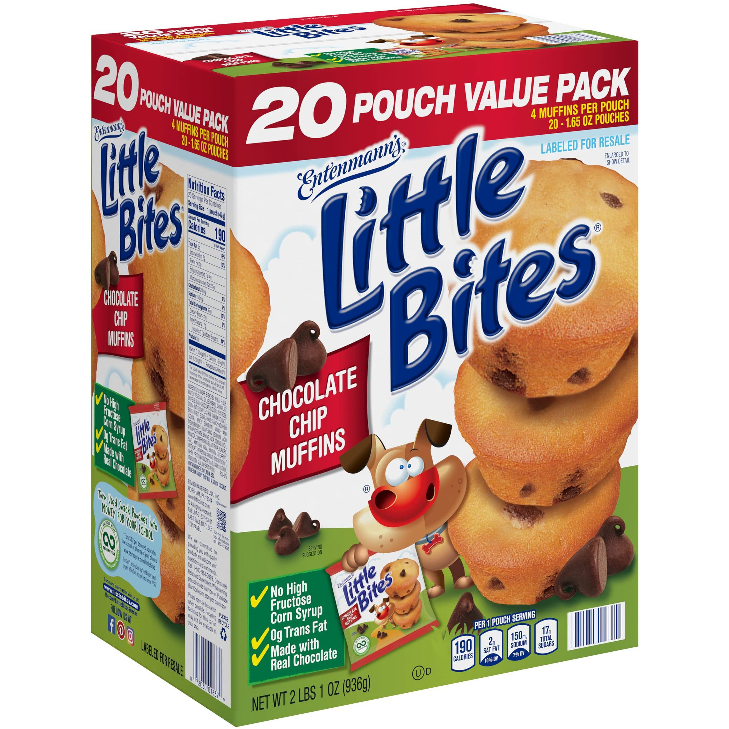 Entenmann's Little Bites Chocolate Chip (Value Pack) Mini Muffins, 20 Packs, 33 Oz