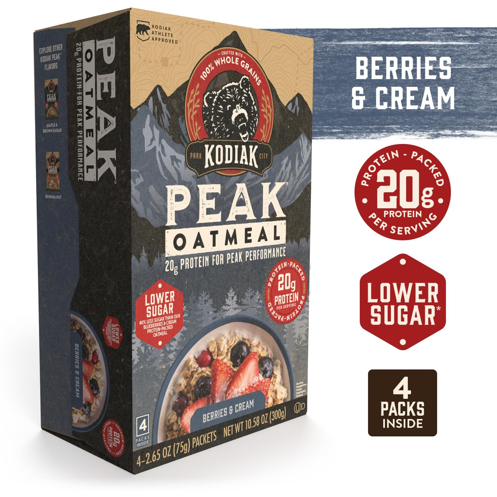 Kodiak Cakes Peak Instant Oatmeal Packets, Berries & Cream, High Protein,100% Whole Grains, 6 Box With 4 Packets Each (Total Of 24 Packets)