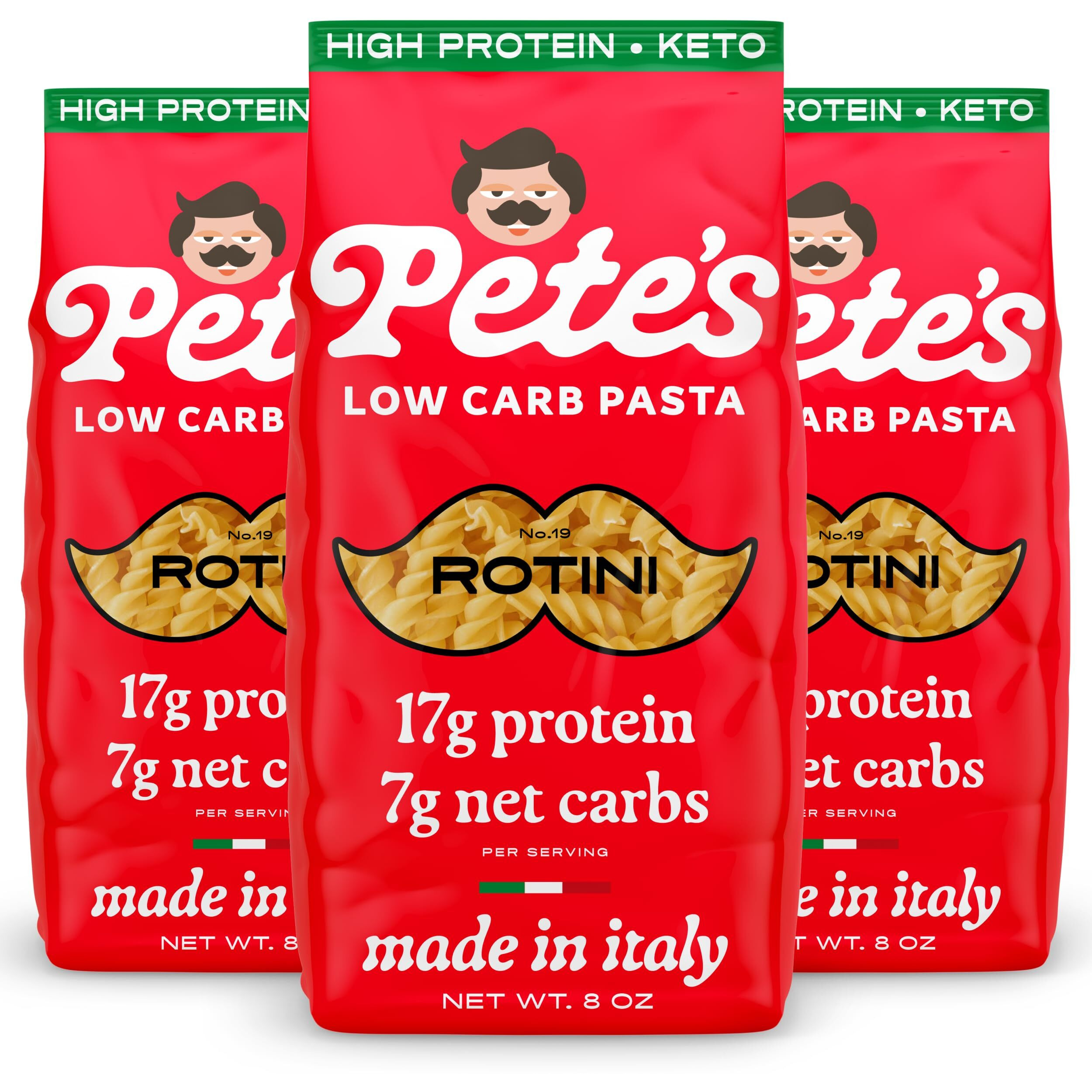 Pete's Pasta 3 Pack Rotini Noodles Pasta 8Oz - 7G Low Carb Pasta - 17G High Protein Pasta - Authentic Italian Keto Pasta Noodles - Healthy Low Calorie Fusilli Pasta - Wheat Pasta Imported From Italy