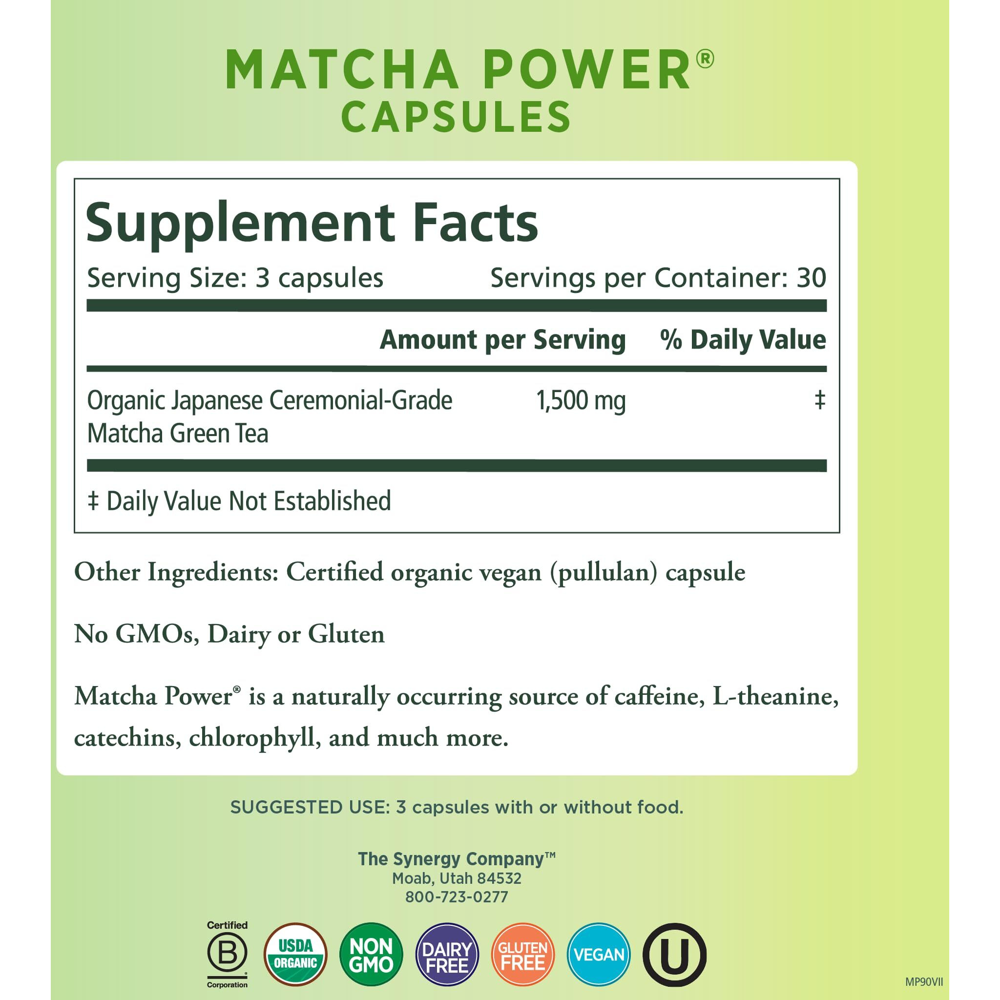 Pure Synergy Matcha Power | Organic Matcha Green Tea Capsules | Ceremonial Grade Matcha Supplement With Egcg | For Enhanced Energy & Alertness (90 Capsules)