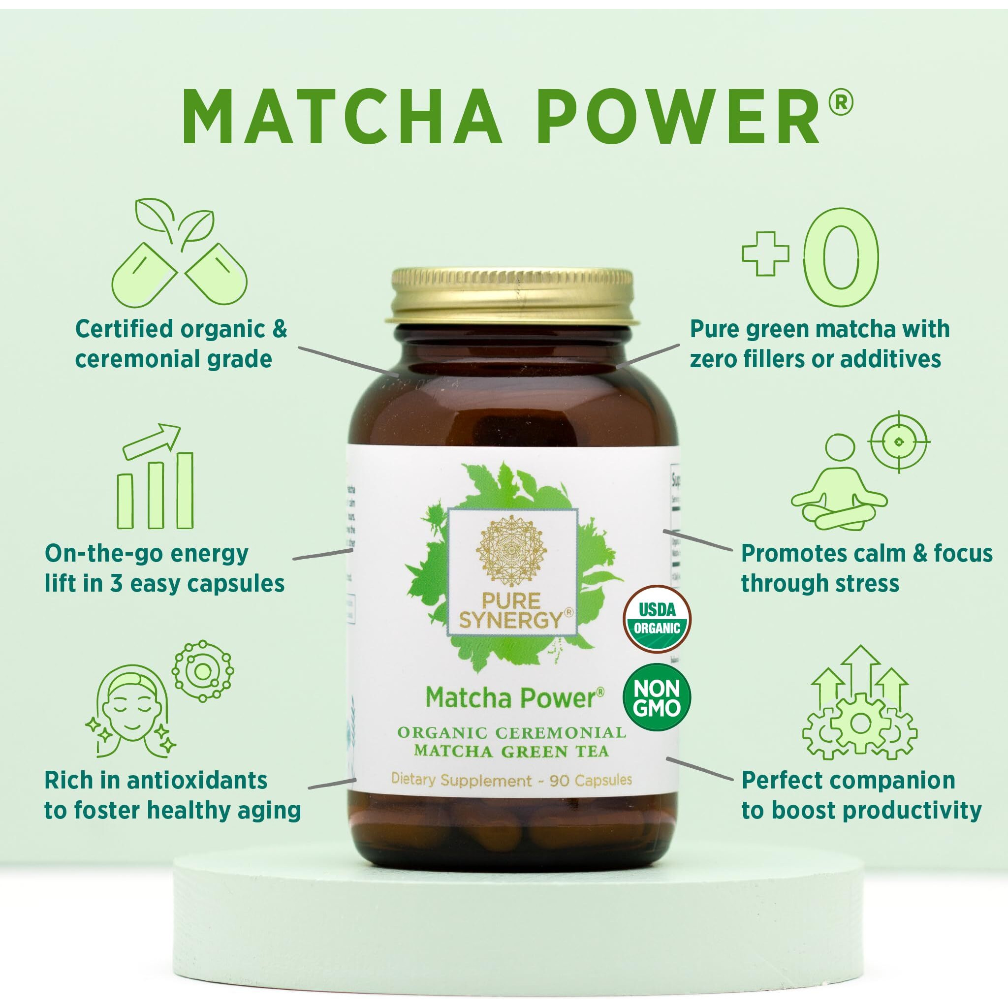 Pure Synergy Matcha Power | Organic Matcha Green Tea Capsules | Ceremonial Grade Matcha Supplement With Egcg | For Enhanced Energy & Alertness (90 Capsules)