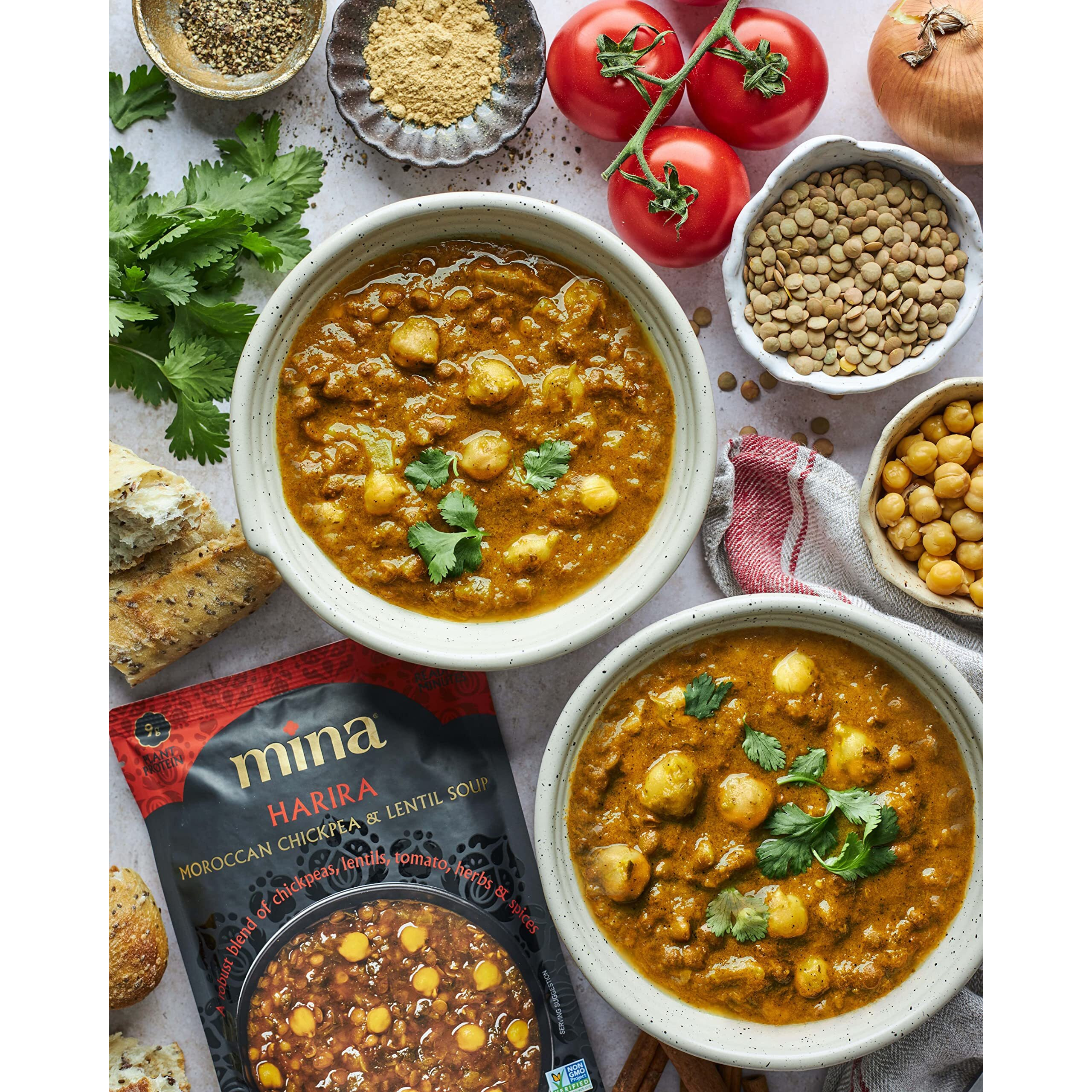 Mina Moroccan Lentils, Chickpeas, White Beans & Harira - Healthy Snacks Variety Pack Of 8 (10 Oz), Lentils Ready To Eat, Vegan Protein, Gluten-Free Instant Food, Microwave Meals, Non-Gmo, Kosher