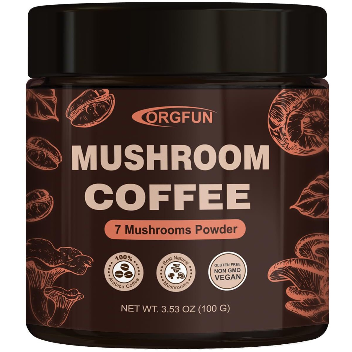Orgfun Premium Mushroom Coffee With 7 Superfood Mushrooms, Great Tasting Arabica Instant Coffee, Includes Chaga, Lion's Mane, Reishi, Cordyceps, Maitake, And Turkey Tail, Shiitake 3.53 Oz
