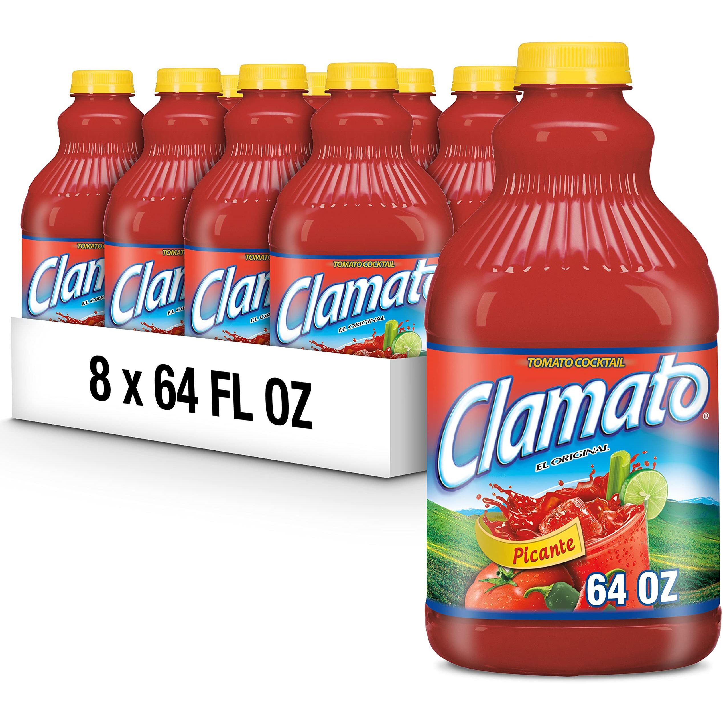 Clamato Picante Tomato Cocktail, 64 Fl Oz Bottle (Pack Of 8), Authentic Spicy Flavored Tomato Juice, Perfect Mixer For Micheladas And Bloody Mary Drinks And Other Cocktail Spirits