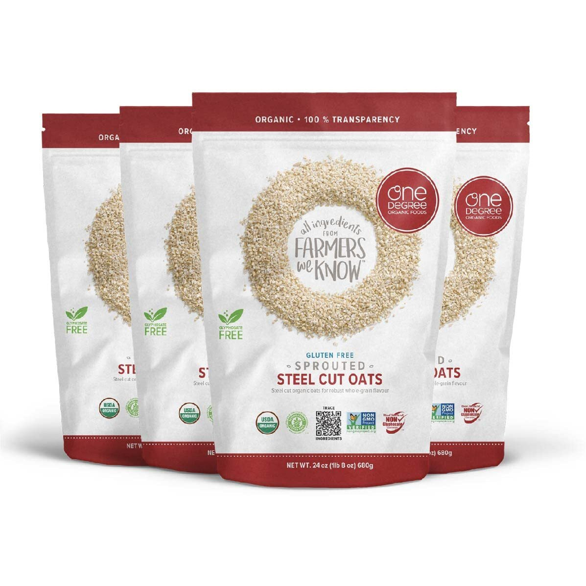 One Degree Organic Foods Sprouted Steel Cut Oats, Usda Organic, Non-Gmo Gluten Free Oatmeal, 24 Oz., 4 Pack