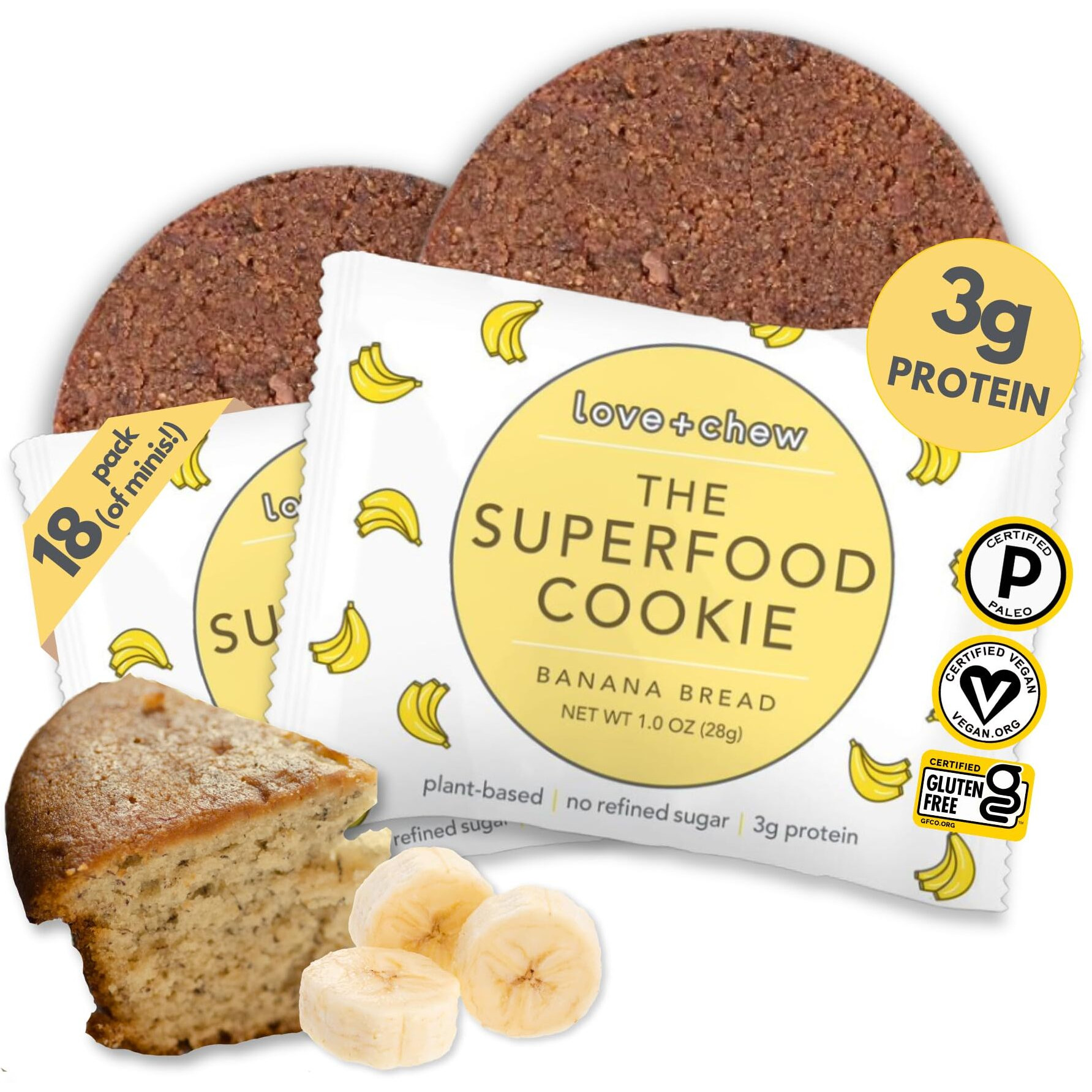 Love + Chew Soft Baked Protein Cookies, Gluten Free | (18) Count Banana Bread Minis | Vegan, Paleo, Non Gmo And Packed With Superfoods. - Individually Wrapped, And Made From High Protein Almonds - (1) Ounce Cookies
