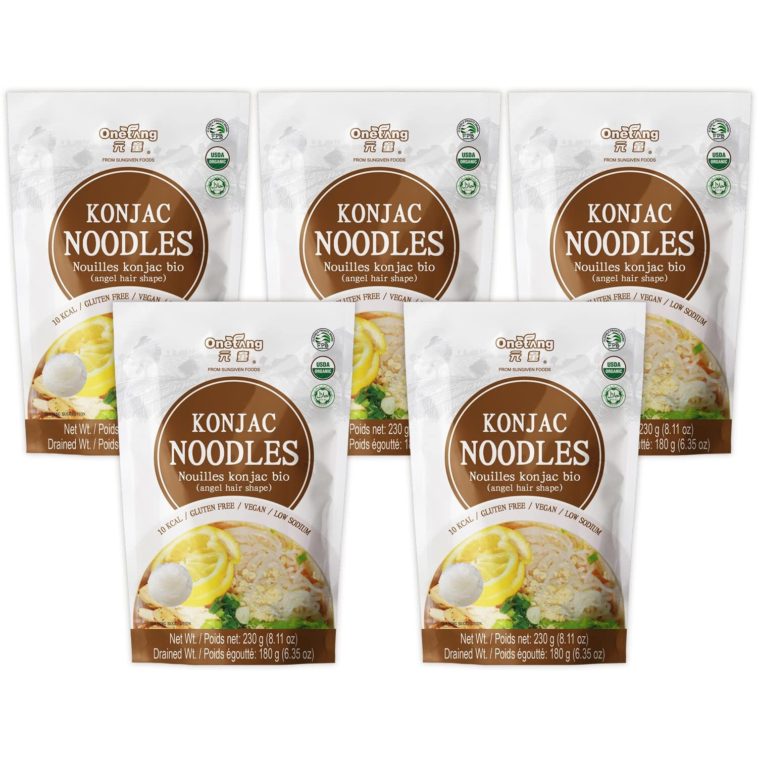 Onetang Organic Shirataki Konjac Angel Hair Noodles, Usda Organic, Vegan, Gluten Free, Fat Free, Keto Friendly, Low Carbs 5 Pack Inside 8.11 Oz, 40.6 Oz