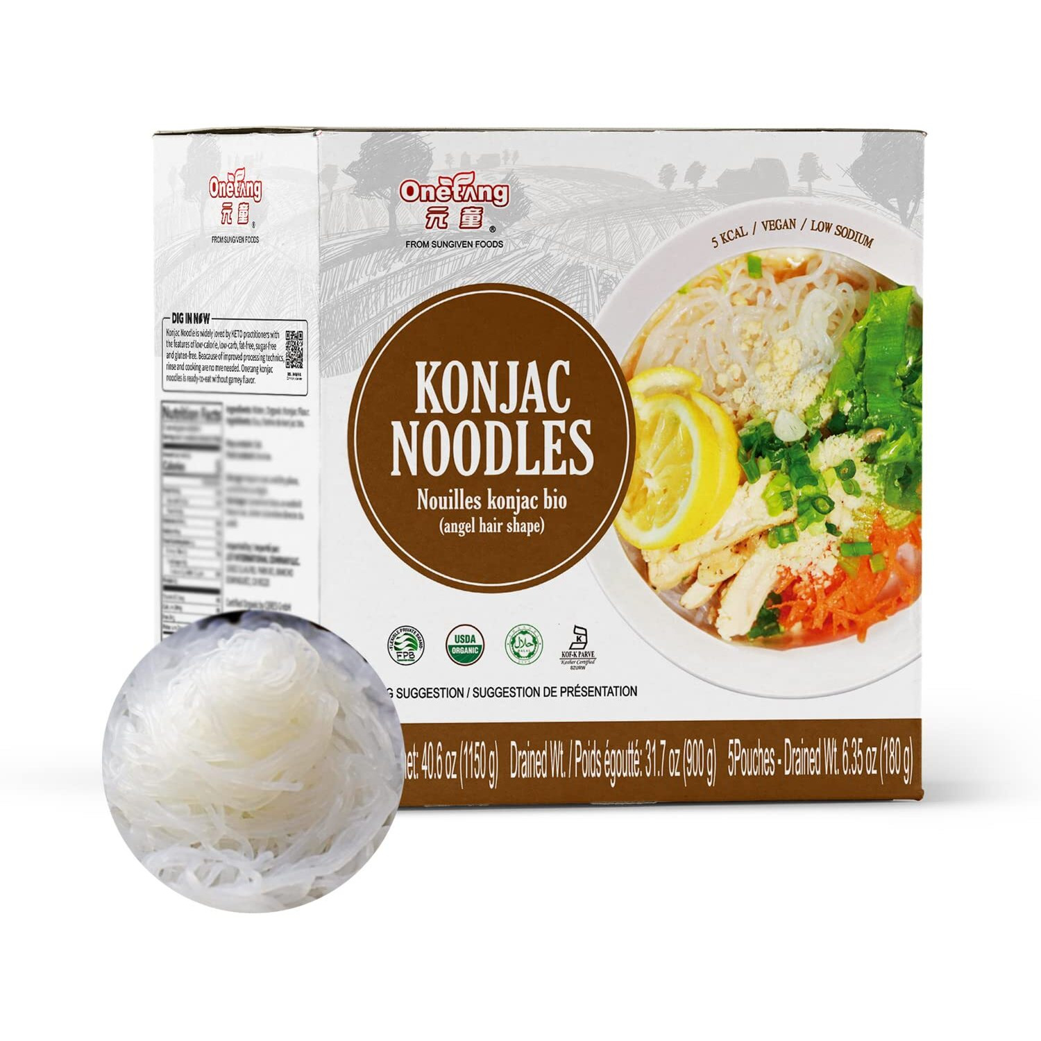 Onetang Organic Shirataki Konjac Angel Hair Noodles, Usda Organic, Vegan, Gluten Free, Fat Free, Keto Friendly, Low Carbs 5 Pack Inside 8.11 Oz, 40.6 Oz