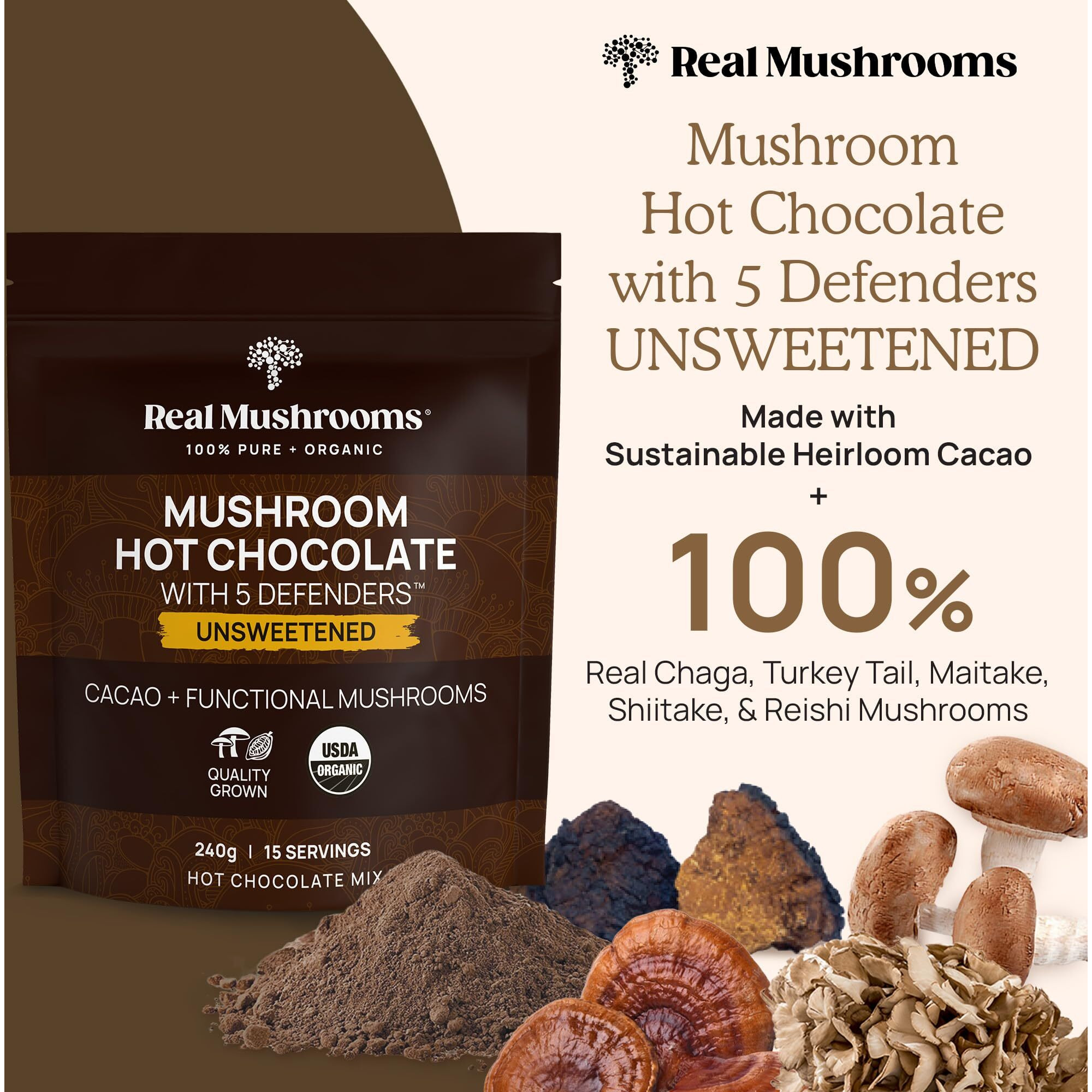 Real Mushrooms Unsweetened Organic Hot Chocolate Mix With 5 Defenders (Turkey Tail, Chaga, Maitake, Shiitake, & Reishi Mushroom) - Organic Cacao Powder - Vegan Mushroom Supplement, 15 Servings