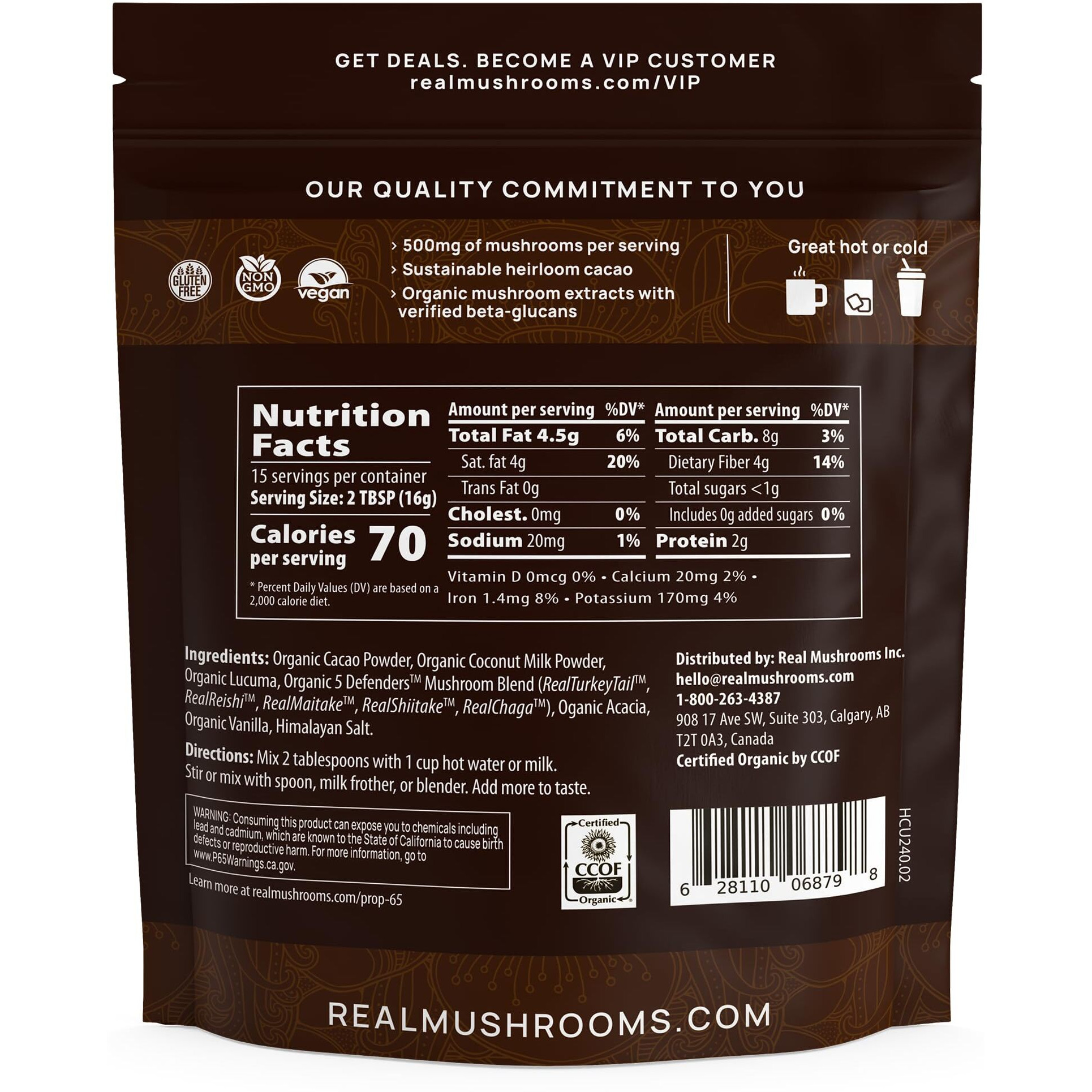 Real Mushrooms Unsweetened Organic Hot Chocolate Mix With 5 Defenders (Turkey Tail, Chaga, Maitake, Shiitake, & Reishi Mushroom) - Organic Cacao Powder - Vegan Mushroom Supplement, 15 Servings